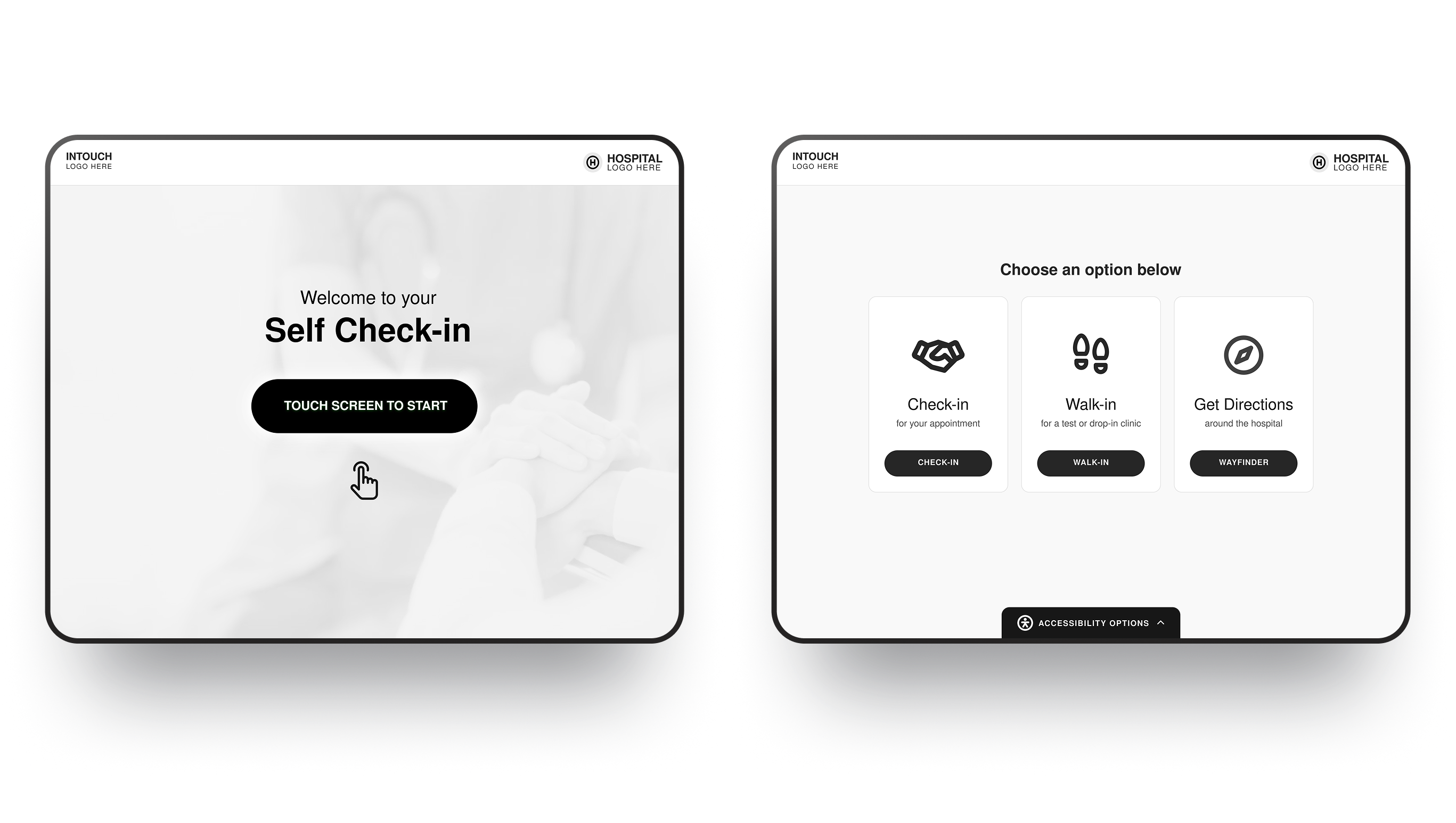 Two hospital kiosk screens: welcome to self check-in and options for check-in, walk-in, or get directions.