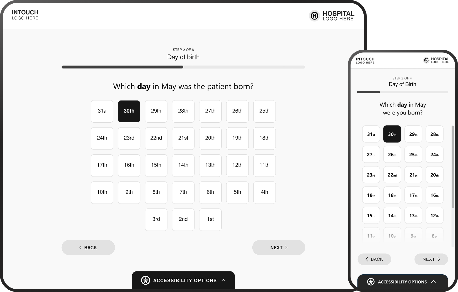 Day of birth selection screen highlighting 30th of May on tablet and phone with navigation and logos.