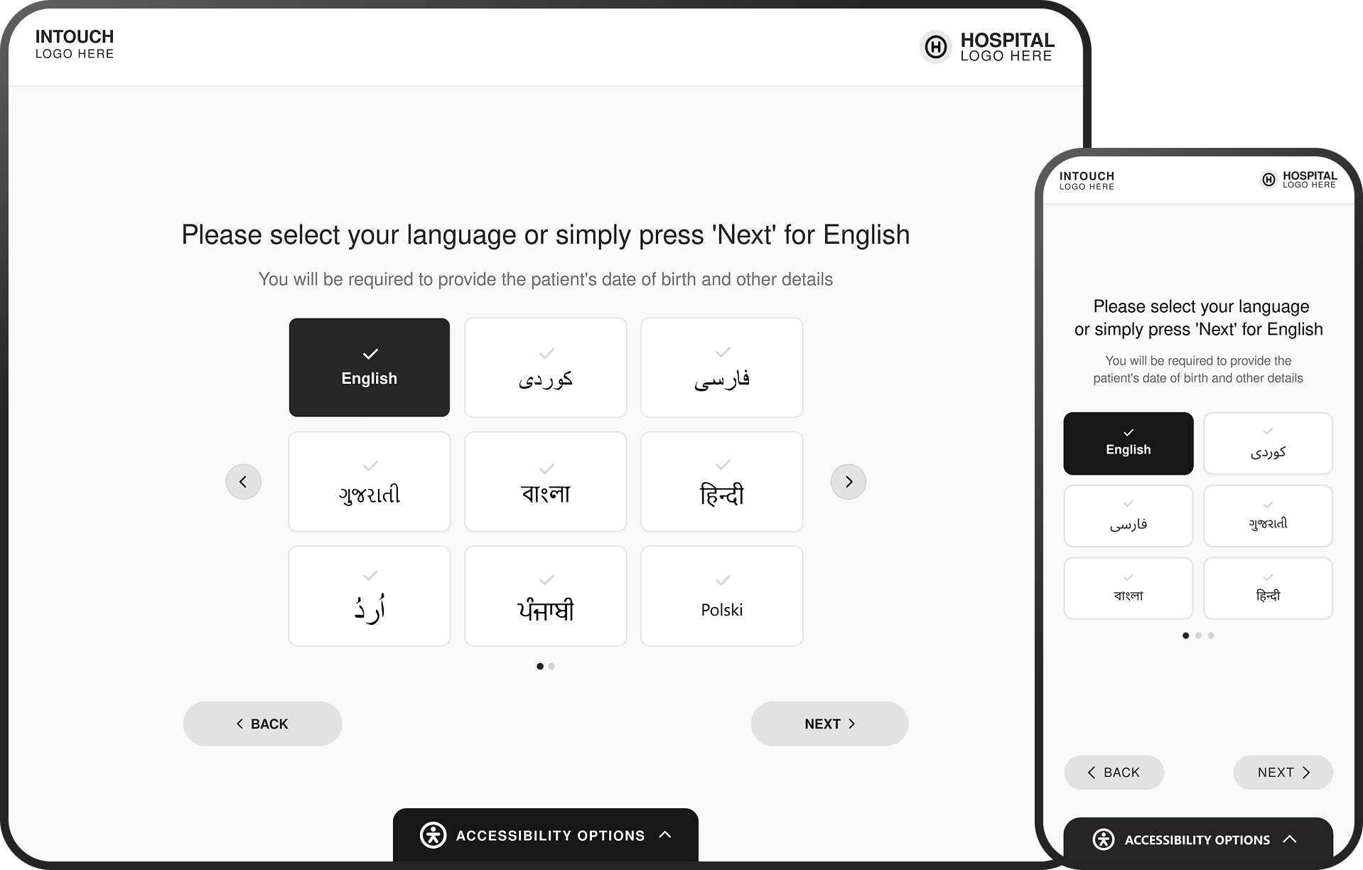 Language selection screen with English and other languages, Next and Back buttons for navigation.