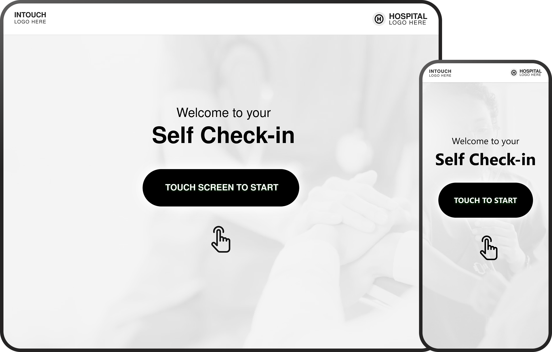 Touchscreen interface showing welcome message for self check-in at a hospital or clinic.