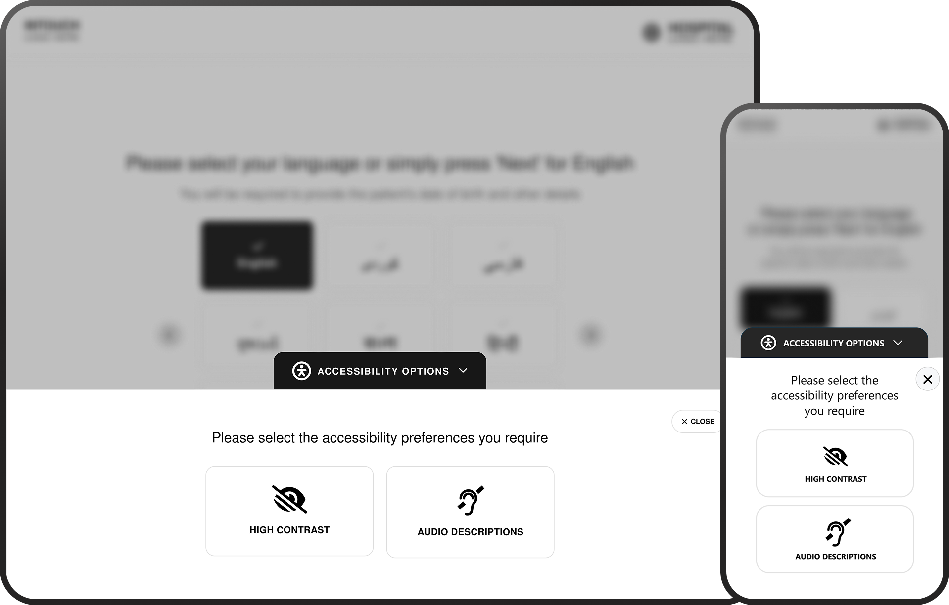 Website accessibility options panel with high contrast and audio description buttons on desktop and mobile screens.