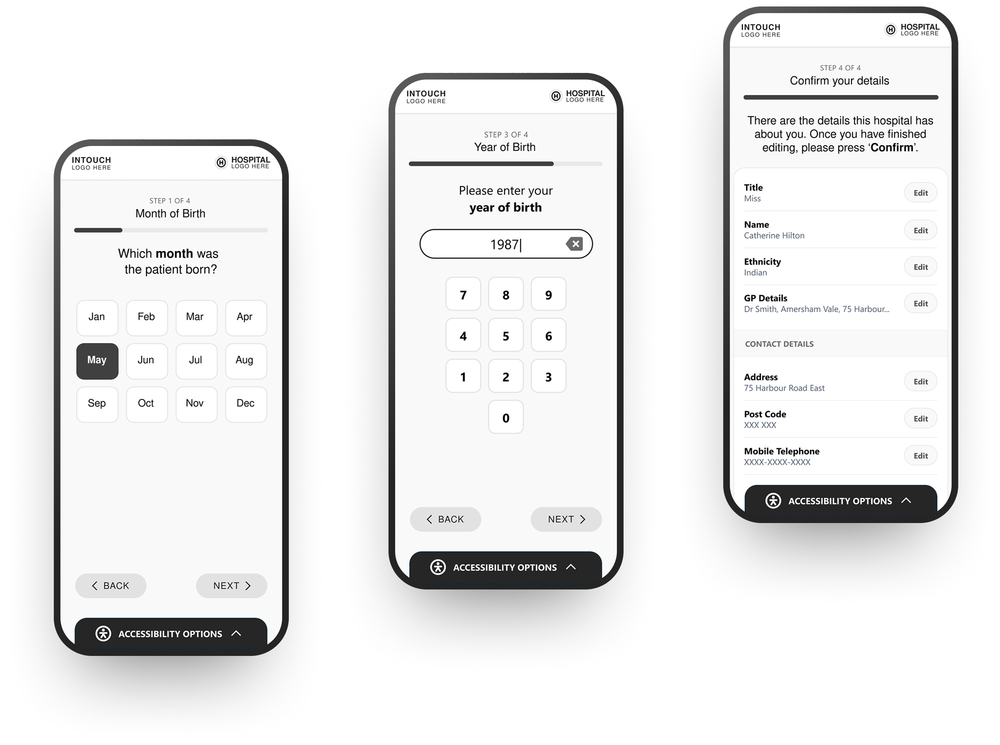 Three mobile screens showing hospital patient data entry steps for birth month, birth year, and detail confirmation.