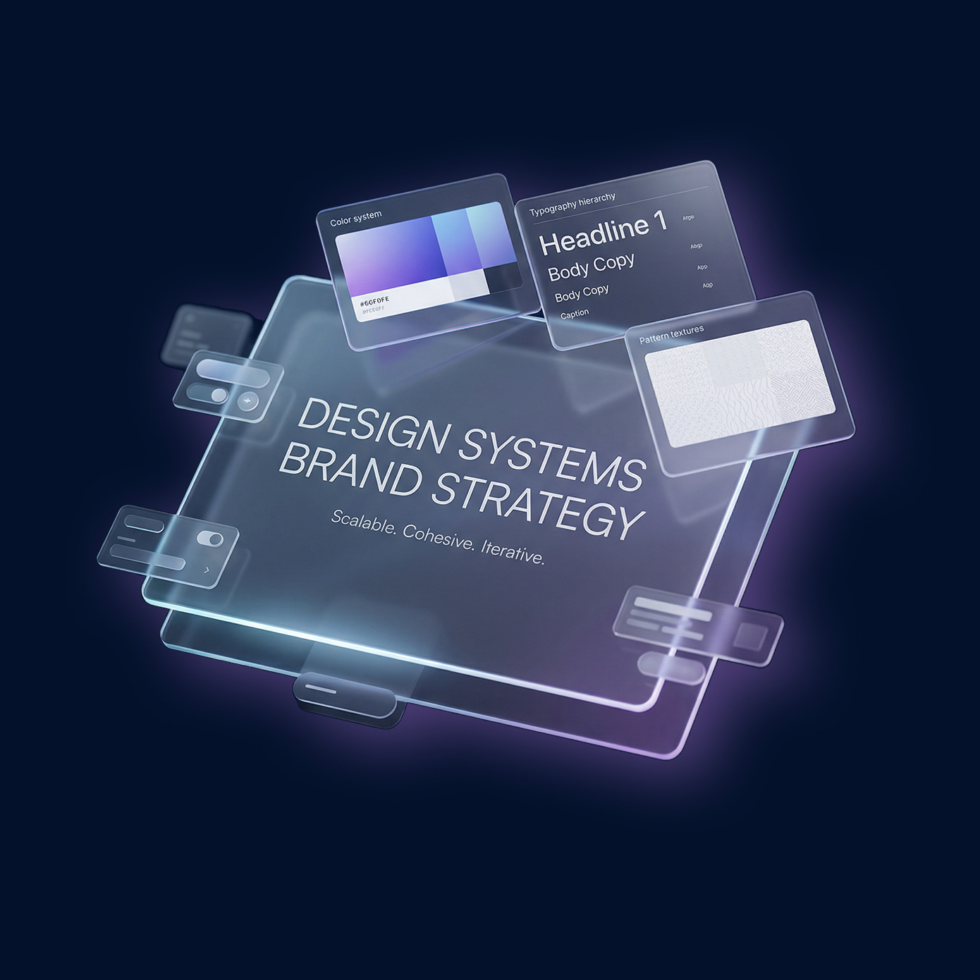 Glowing translucent panels show design system elements like color, typography, textures around brand strategy text.