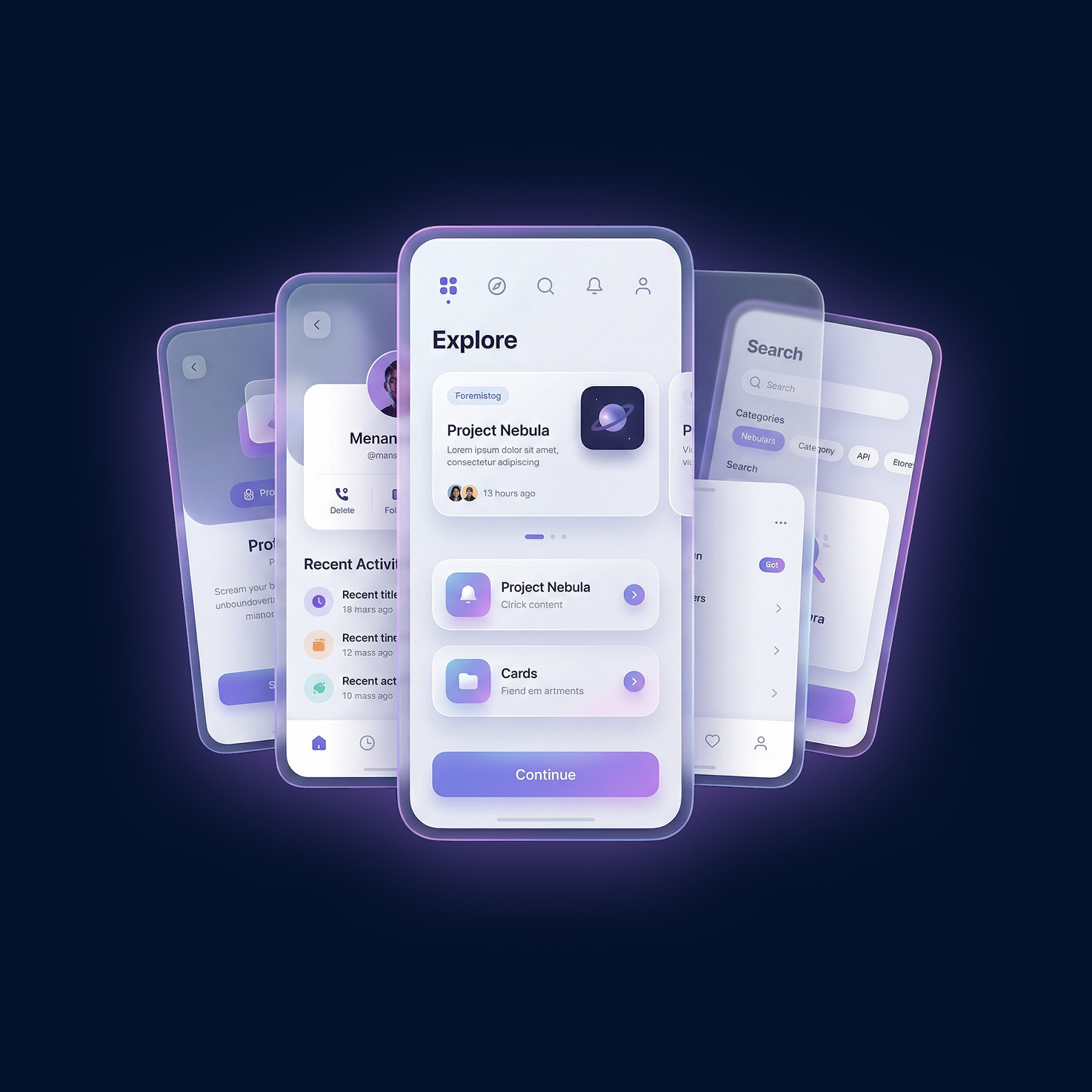 Mobile app interface showing Explore screen with Project Nebula and navigation cards on a dark background.