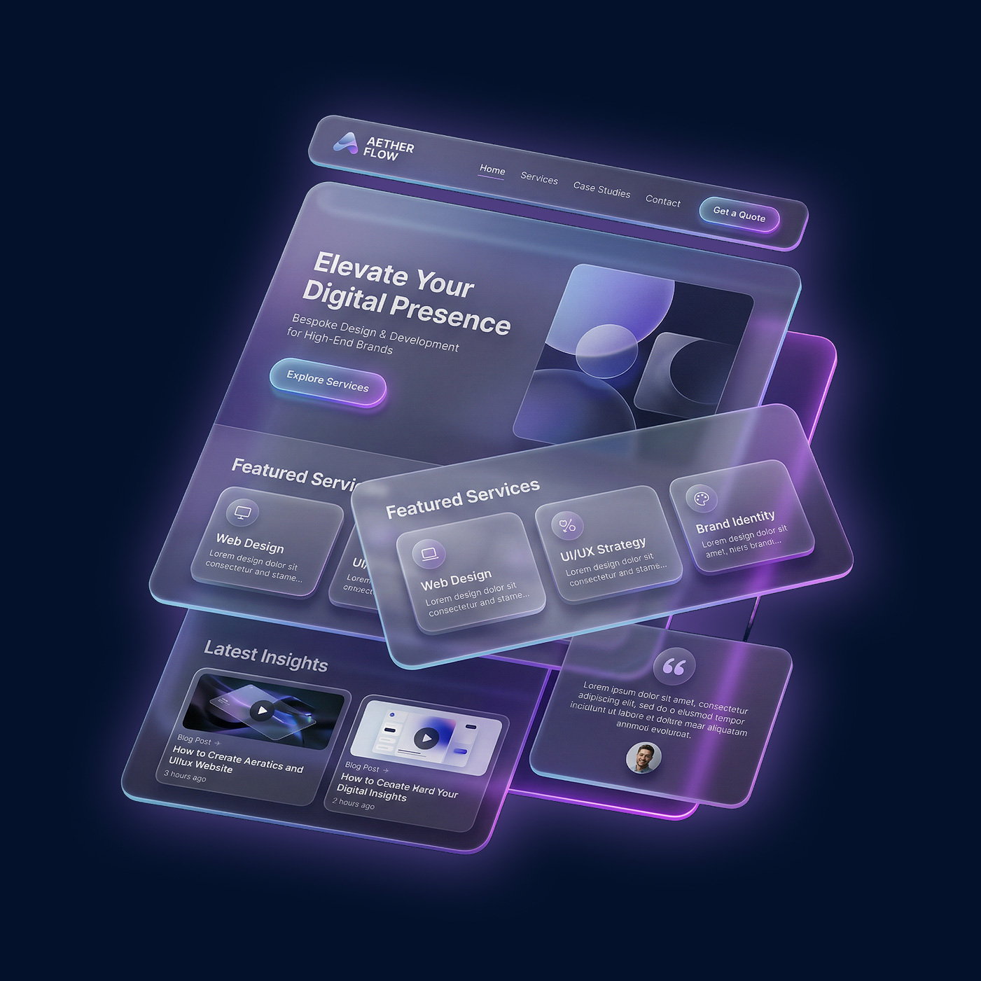 Glowing translucent website design mockup with digital services and latest blog post previews.