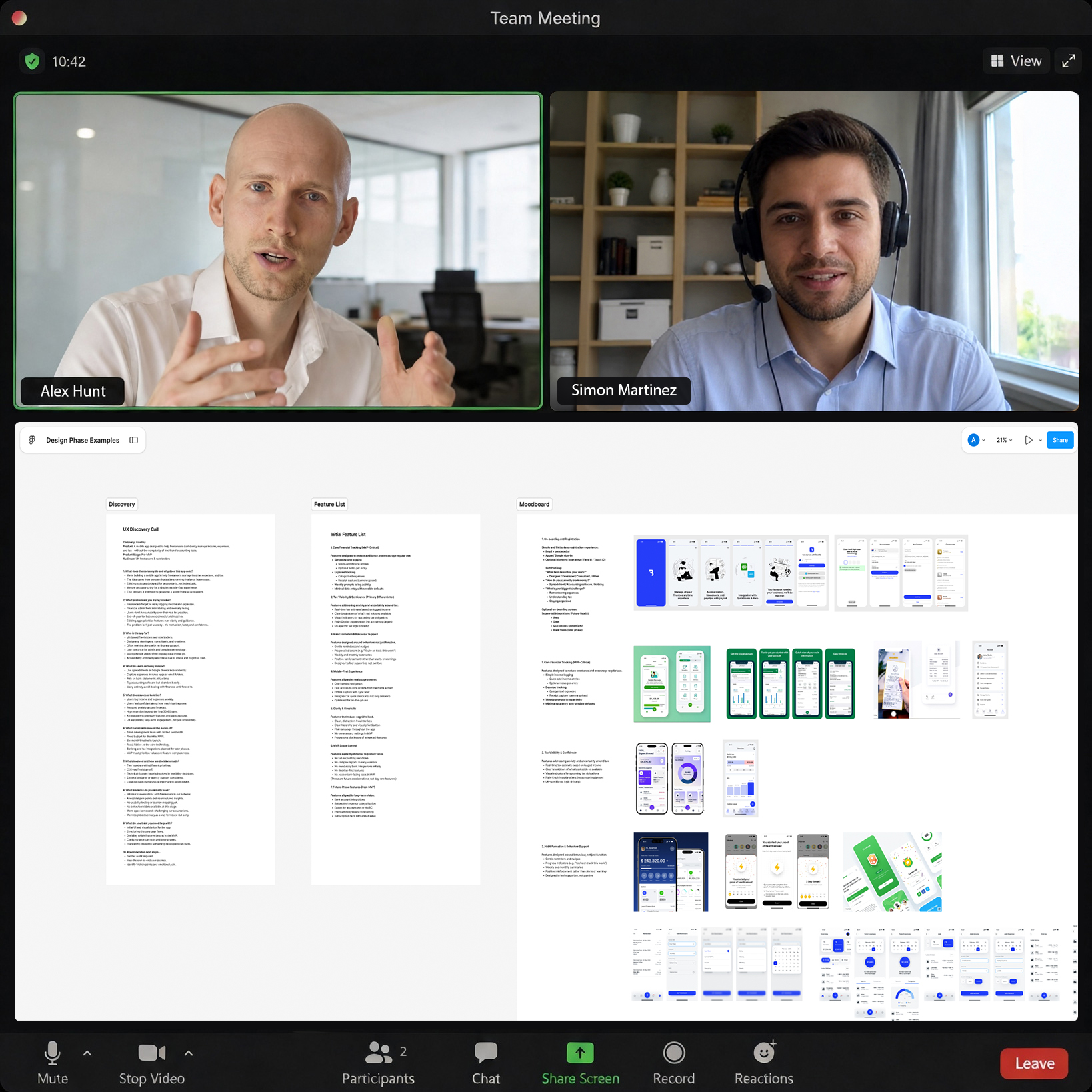 Two men on a video call labeled Alex Hunt and Simon Martinez sharing a screen with design examples.