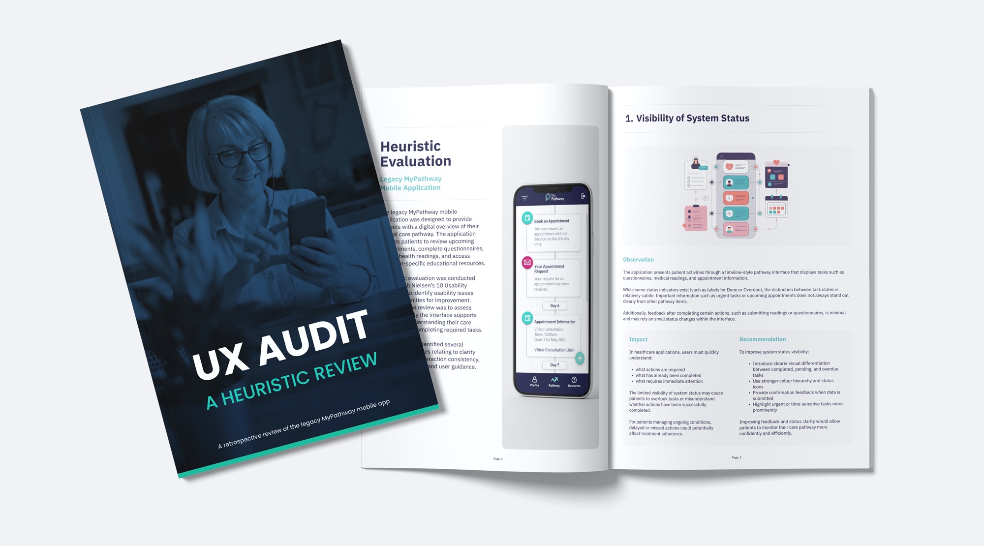 UX audit report titled 'UX Audit: A Heuristic Review' with pages on system status visibility and app interface.