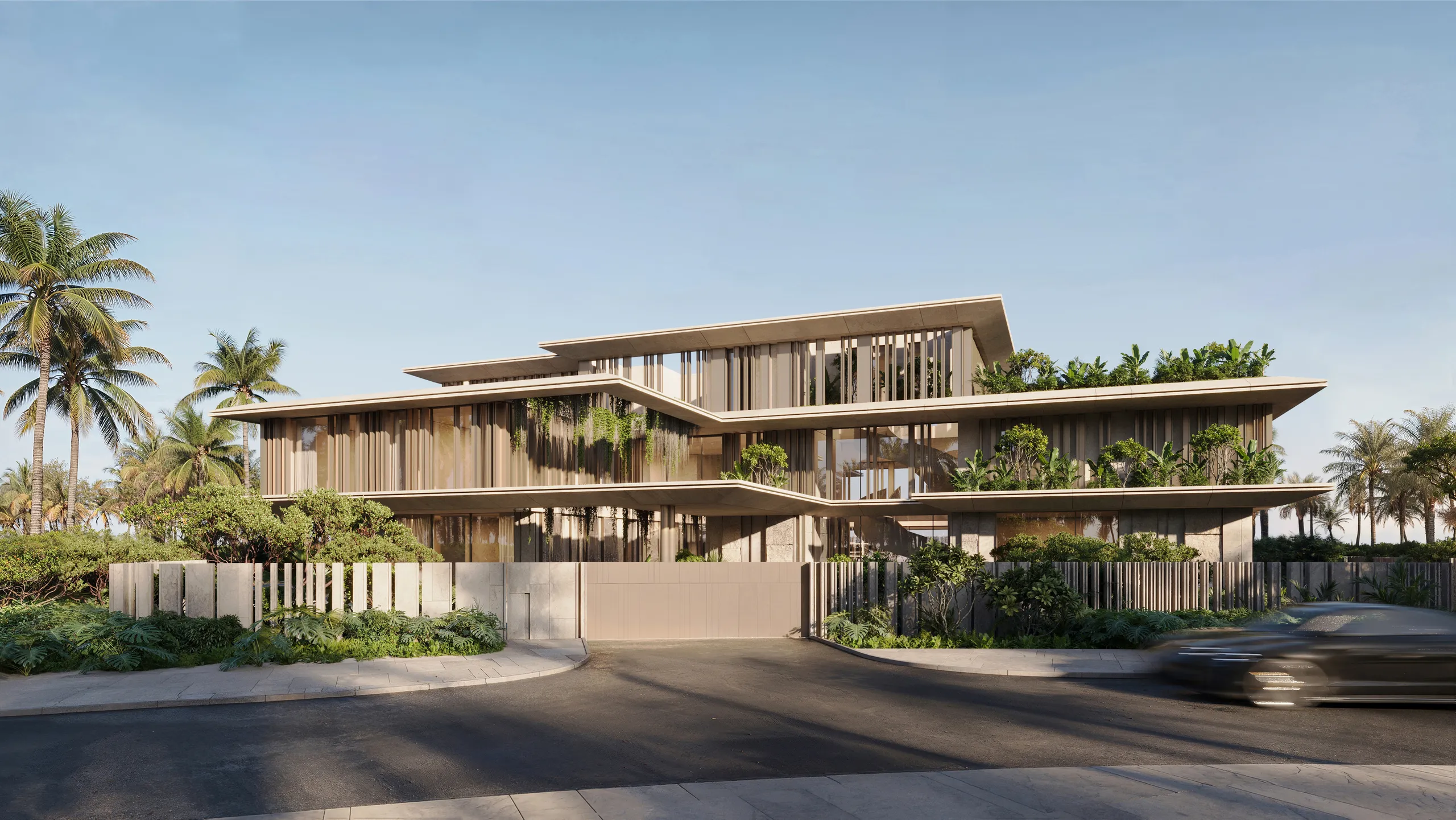 Modern multi-level house with large glass windows, greenery on terraces, and palm trees in the background.