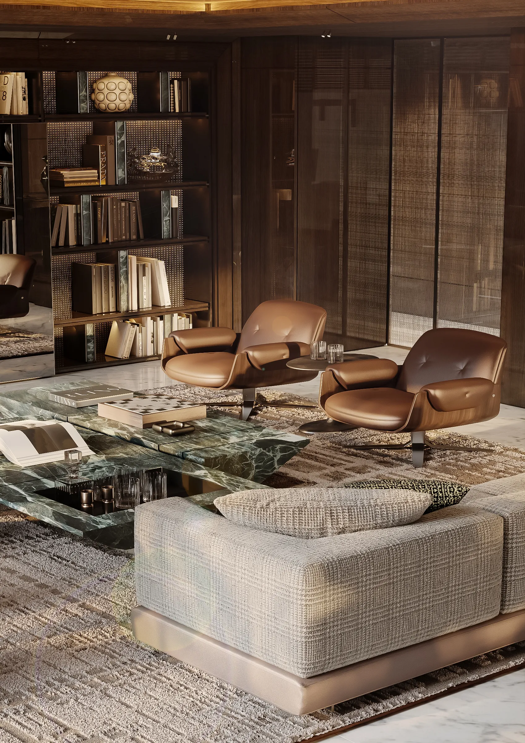 Modern living room with two brown leather armchairs, a stone coffee table, and a beige sofa.