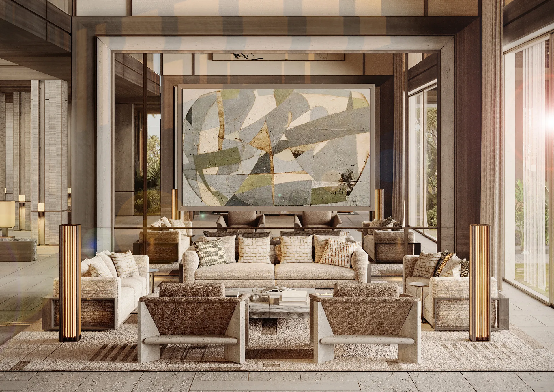 Modern living room with beige sofas, armchairs, tall lamps, and abstract wall art behind.