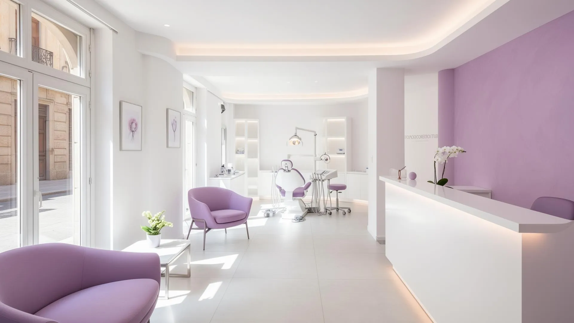 Bright dental clinic interior with purple chairs, white dental unit, white reception desk, and purple accent wall.