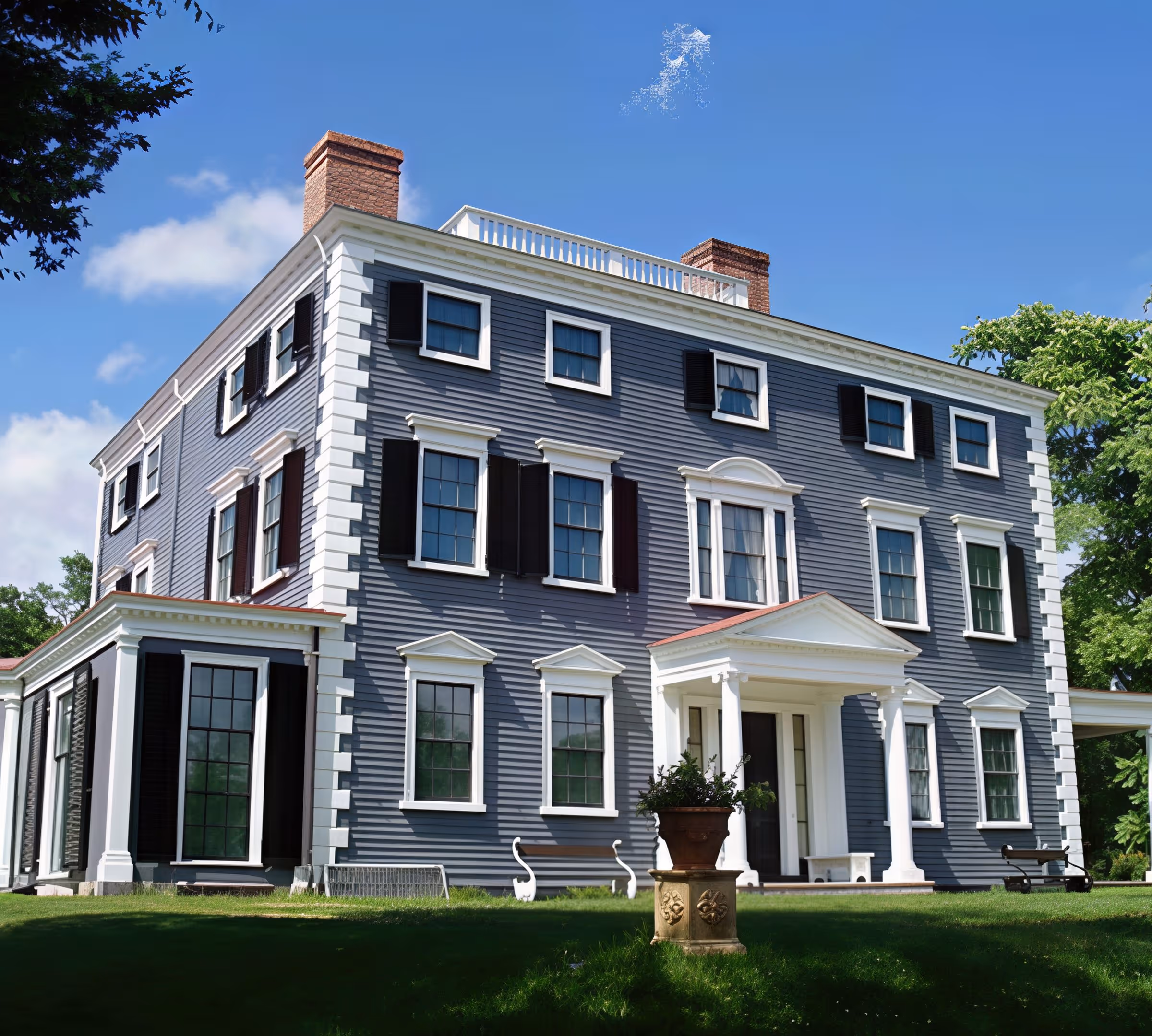 Historic three-story gray house with white trim, multiple windows with black shutters, and a white columned entrance on a sunny day.
By Daderot - Originally from en.wikipedia; description page is/was here. Original uploader was Daderot at en.wikipedia, CC BY-SA 3.0, https://commons.wikimedia.org/w/index.php?curid=2858362