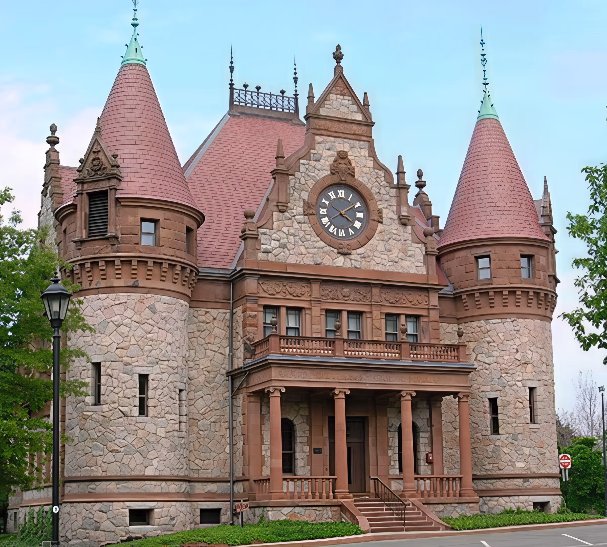Stone castle-like building with two conical towers, a clock above the entrance, and a columned porch.
By Joshdboz at English Wikipedia - User created photoTransferred from en.wikipedia to Commons. Transfer was stated to be made by User:multichill., Public Domain, https://commons.wikimedia.org/w/index.php?curid=3234264