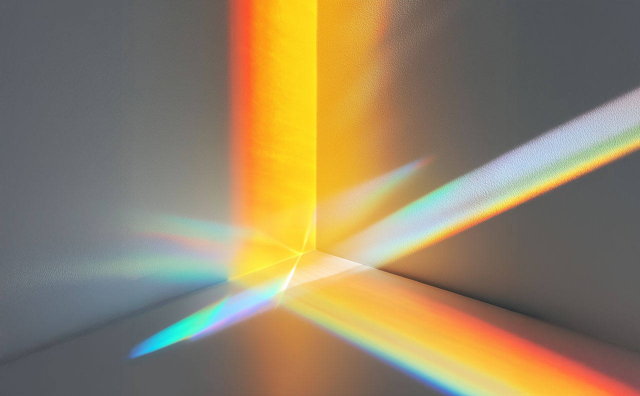 Colorful light beams refracted on a corner wall, creating rainbow patterns.