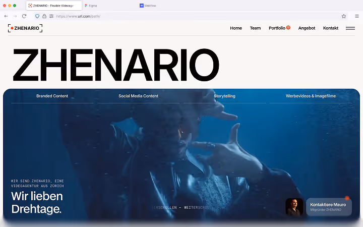 Preview der Webseite für ZHENARIO, eine junge Videoagentur aus Zürich.
