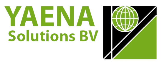 Logo van YAENA Solutions BV met groene tekst en globe-icoon.