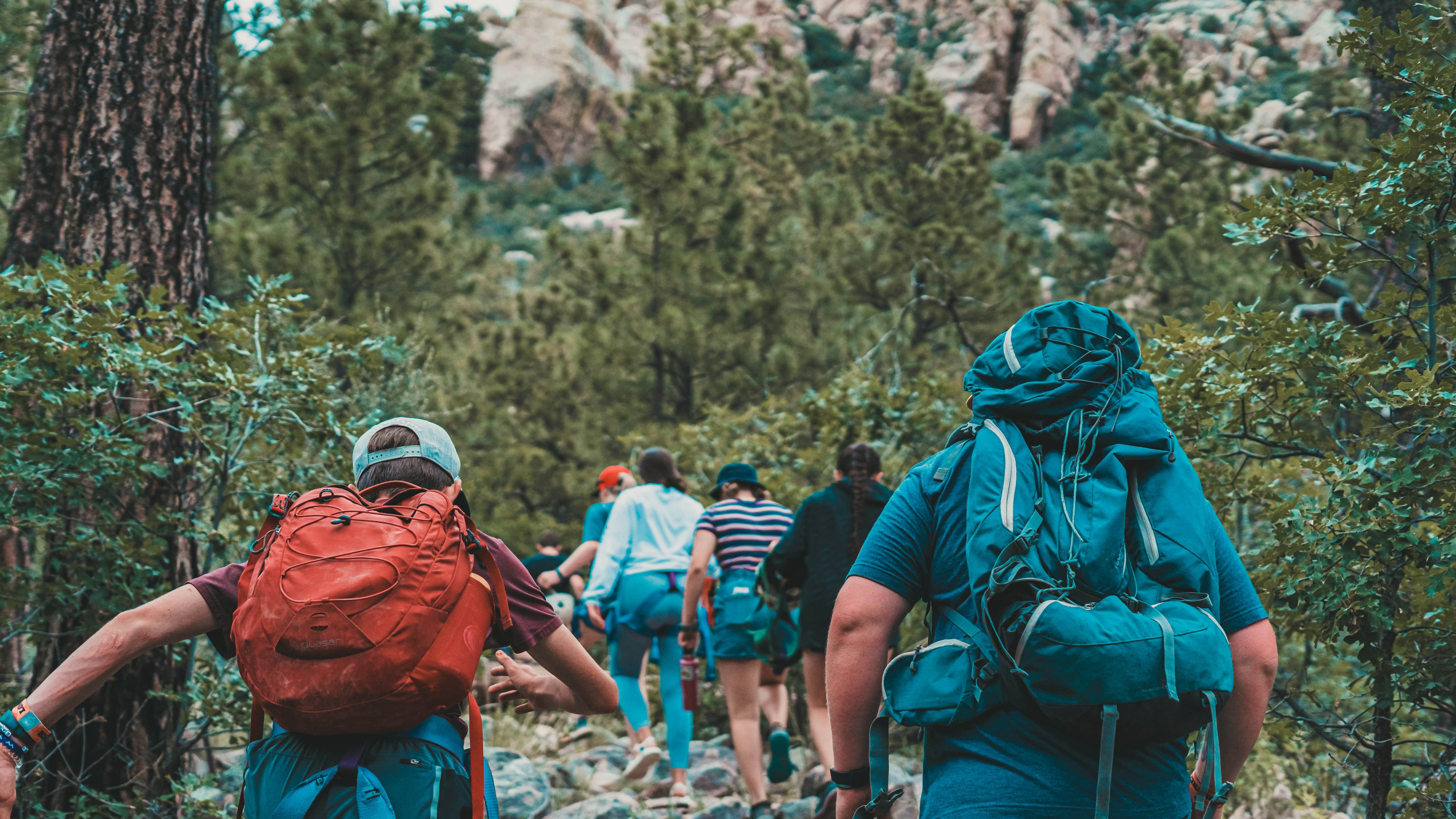 Groupe de randonneurs avec sac à dos sur un sentier rocailleux dans une forêt de pins, montagnes en arrière‑plan.