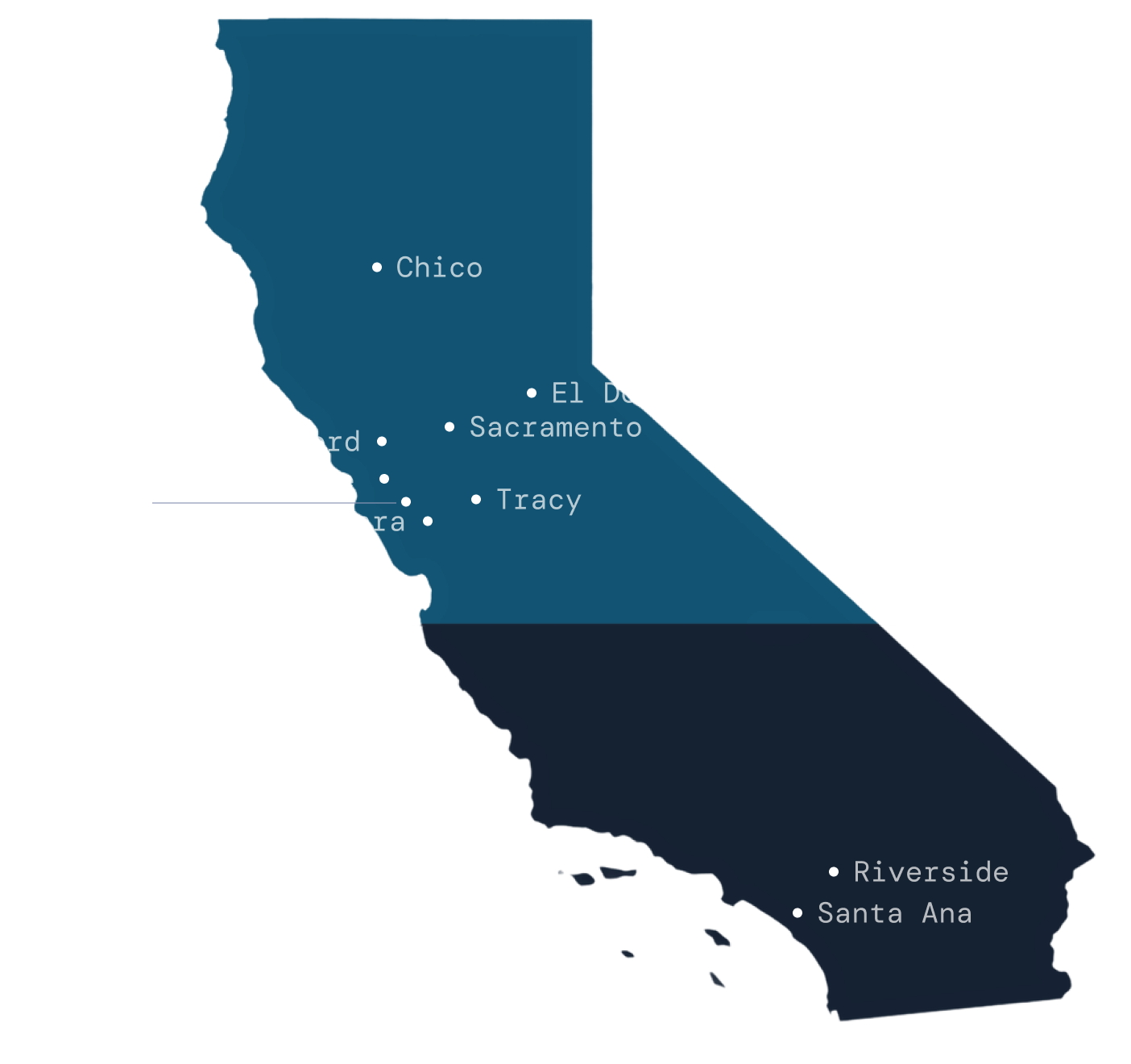 Map of California divided into Northern California primary service area and Southern California expanding service area by 2026, showing cities including Chico, El Dorado, Sacramento, Tracy, Concord, Burlingame, Fremont, Santa Clara, Riverside, and Santa Ana.