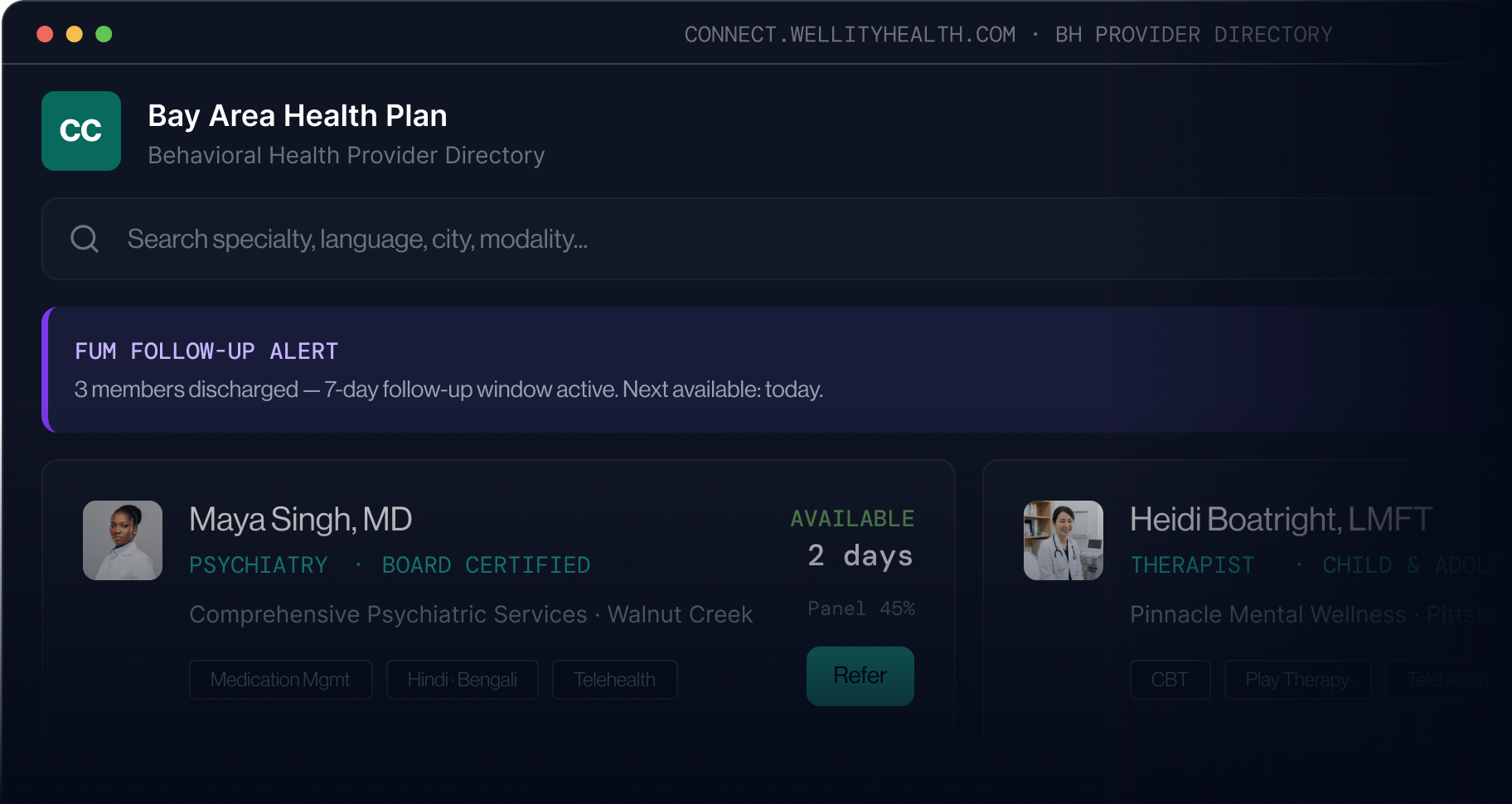 Behavioral health provider directory dashboard showing alert for 3 members discharged, and profiles for Dr. Maya Singh, psychiatrist available in 2 days, and Heidi Boatright, therapist.