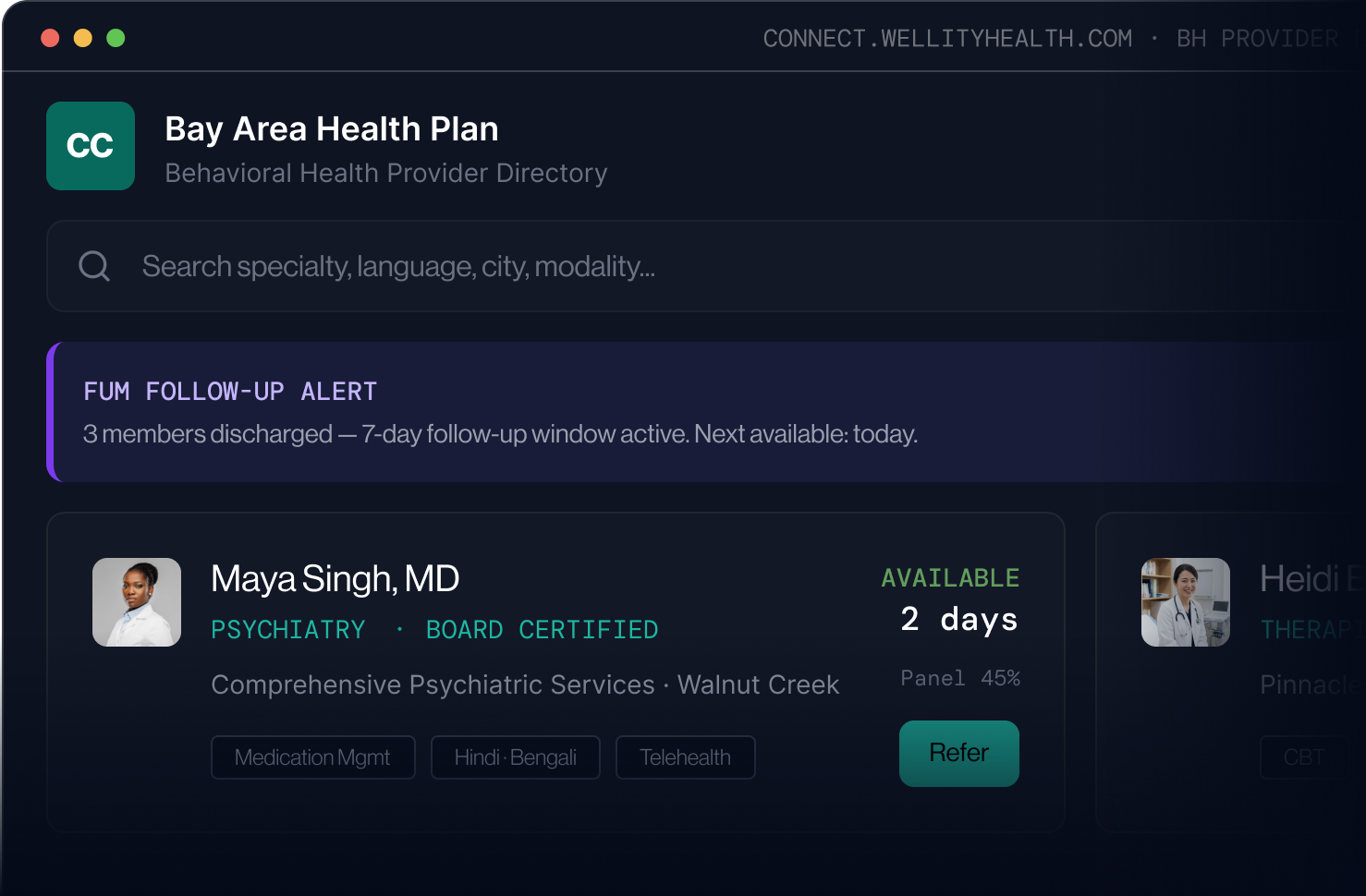 Bay Area Health Plan Behavioral Health Provider Directory interface showing search bar and follow-up alert with availability of Dr. Maya Singh, psychiatrist, board certified, offering psychiatric services in Walnut Creek.