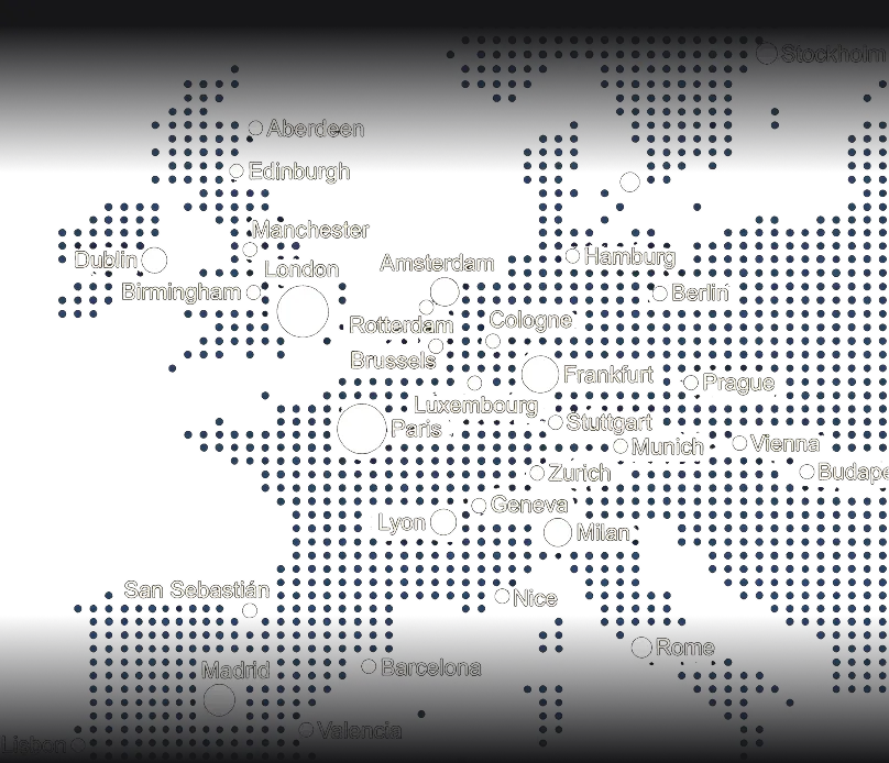Dark map of Western and Central Europe with major cities labeled and highlighted by white circles of varying sizes.