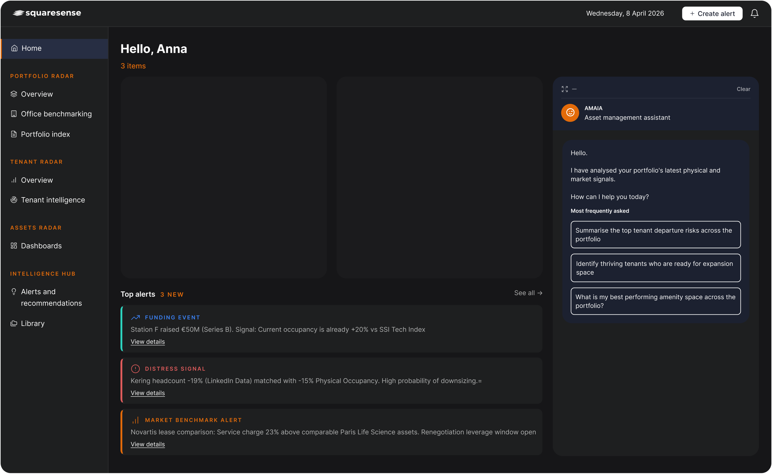 Squaresense dashboard interface showing alerts and an AI assistant named AMAIA offering portfolio analysis and recommendations.