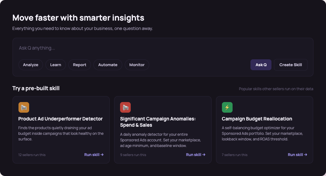 Qore interface with a question field and suggested pre-built skills