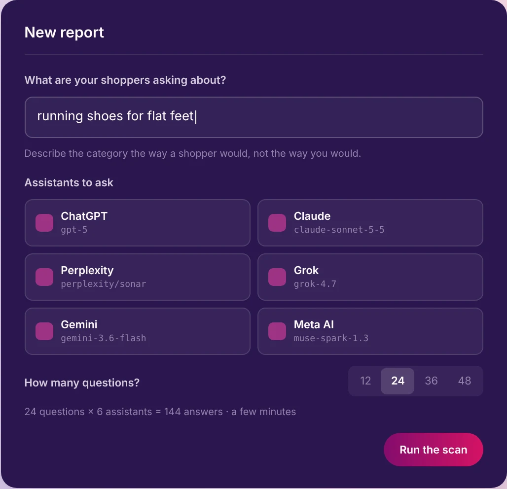 Qore New report drawer: a category field, six assistants to ask, a question count, and a Run the scan button