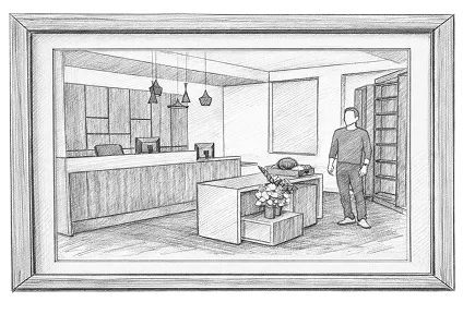Schets van een ontvangstruimte met balie, getekend door interieurarchitect Agnes Compagne