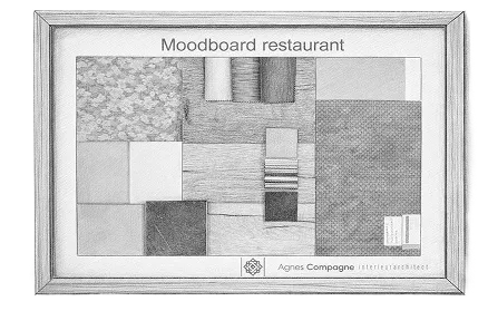 Schets van een moodboard met materiaalstalen voor een restaurant, door Agnes Compagne