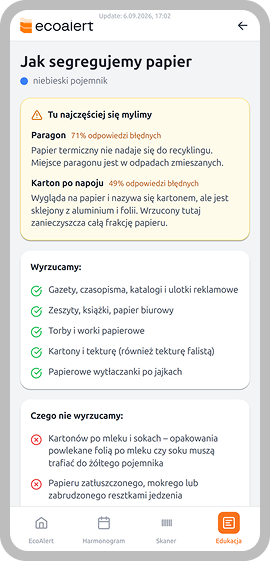 Ekran edukacyjny aplikacji: jak segregować papier i gdzie najczęściej się mylimy