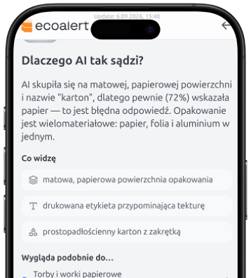 Ekran „Dlaczego AI tak sądzi?”: AI wyjaśnia, po jakich cechach pomyliła karton po napoju z papierem