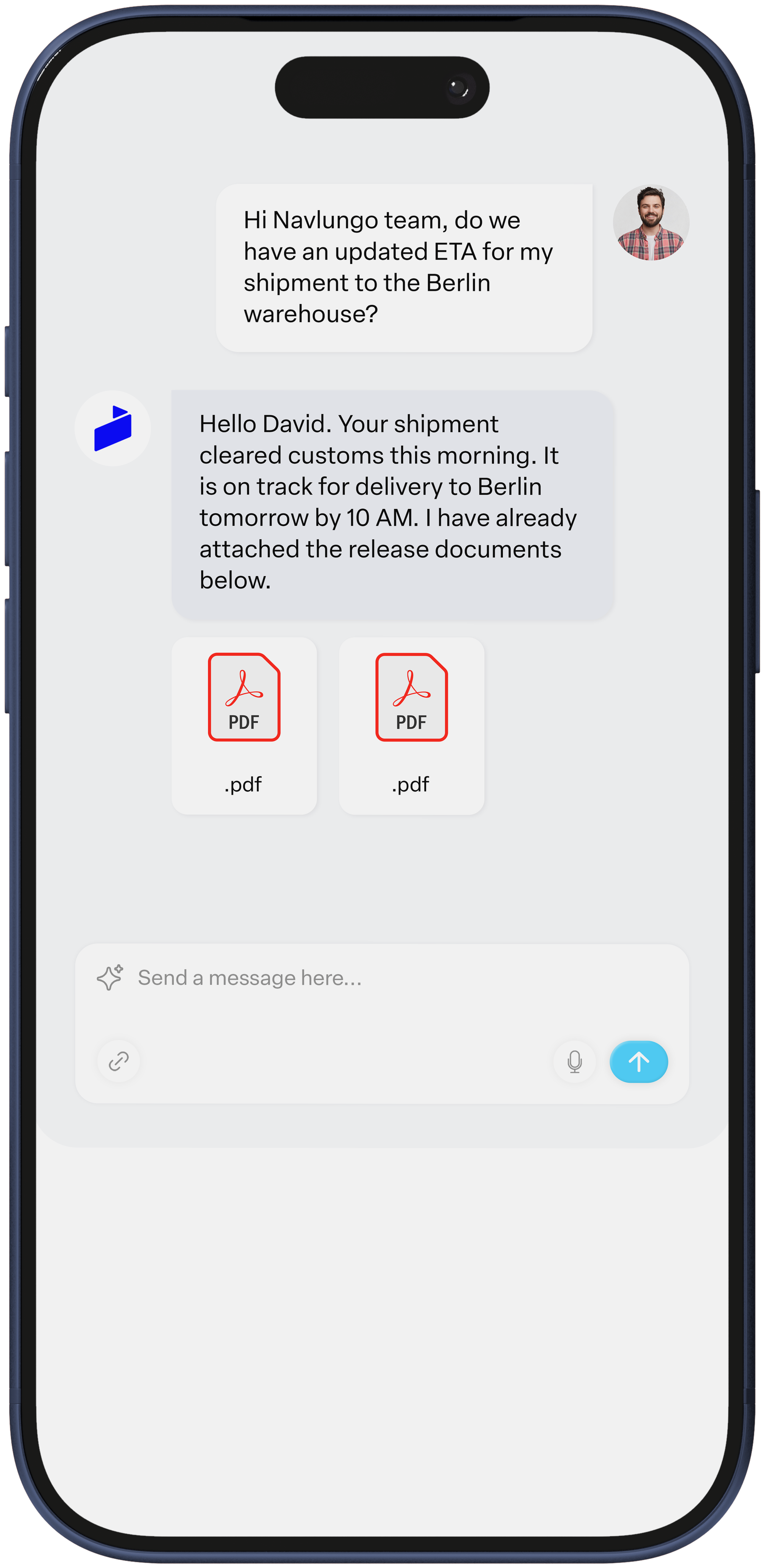 Smartphone screen showing a chatbot conversation where a user asks for help designing a more human chatbot interface and receives a response, with input field and send button visible.