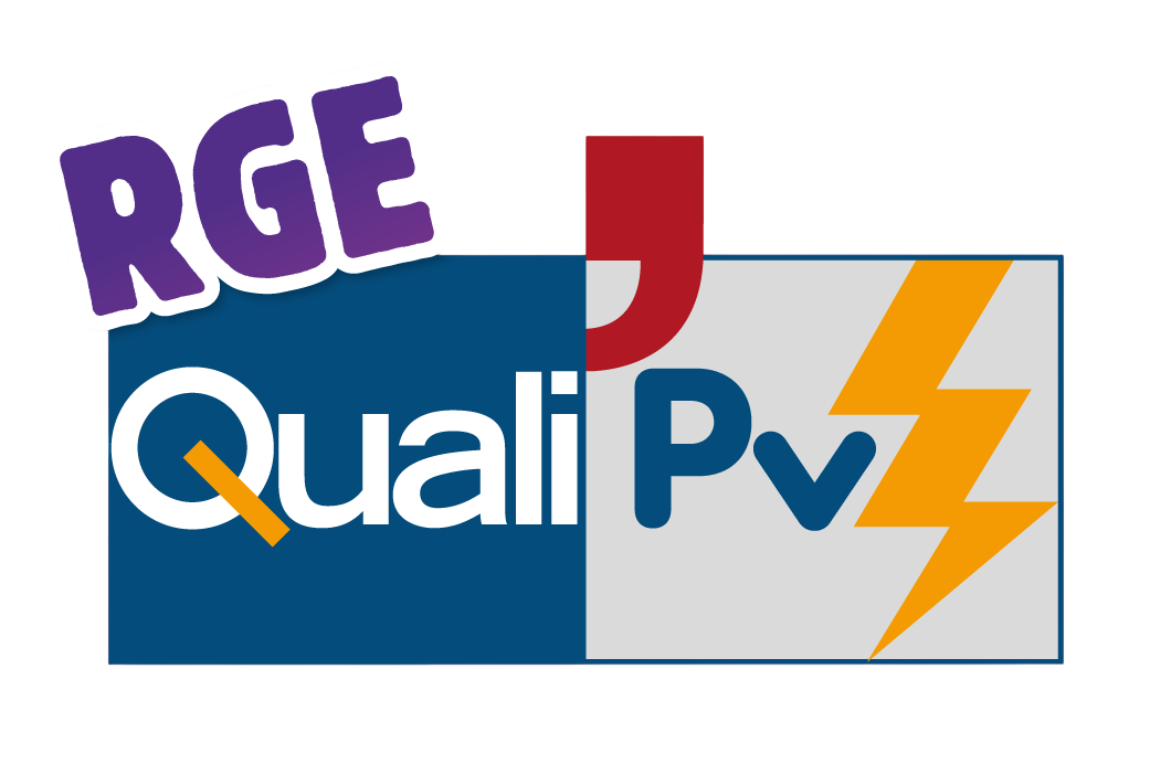 Logo QualiPV RGE avec éclair jaune et texte blanc et bleu