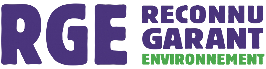 Logo RGE Reconnu Garant Environnement with purple and green text.