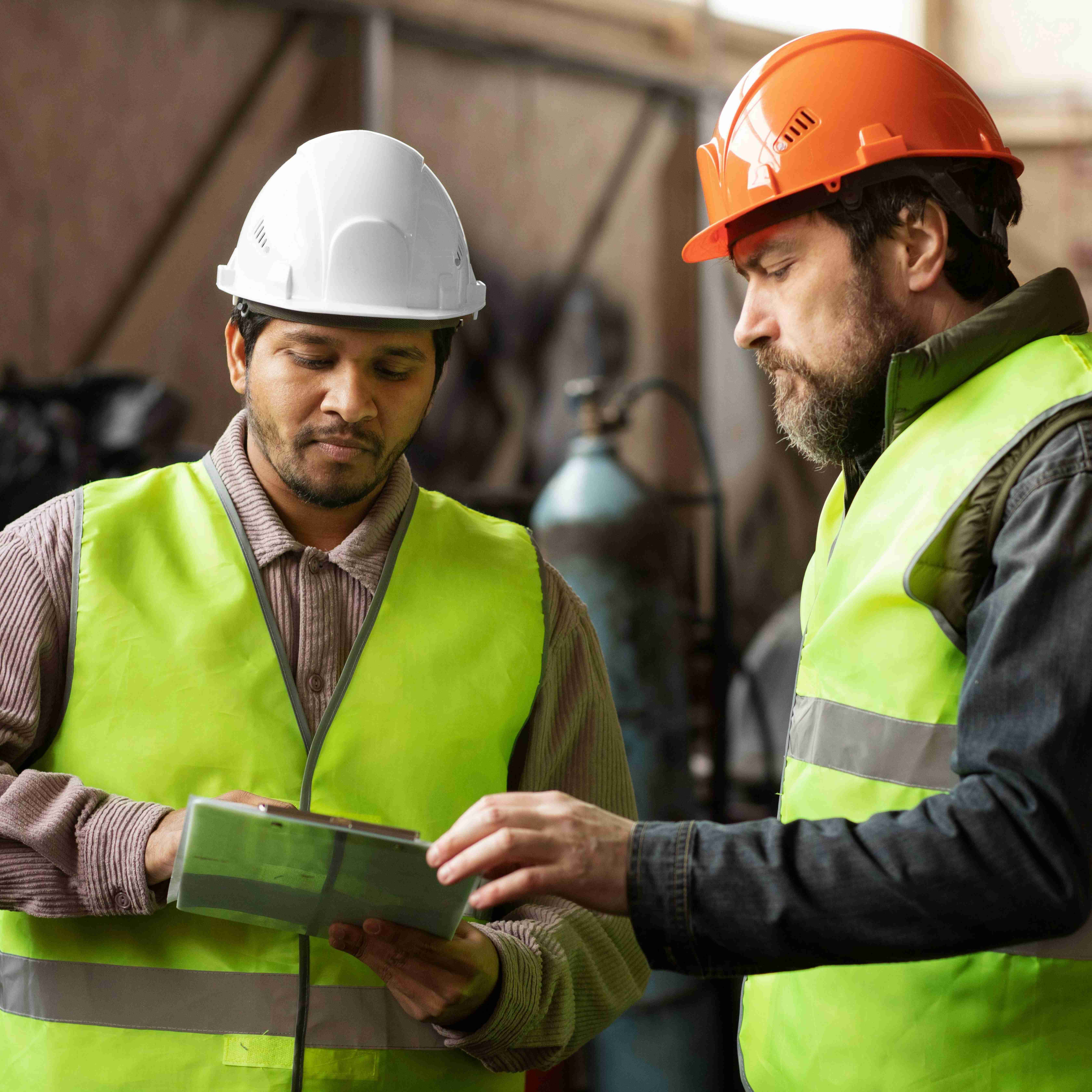 Deux ingénieurs DRS Energie en gilets de sécurité consultant un document sur chantier industriel