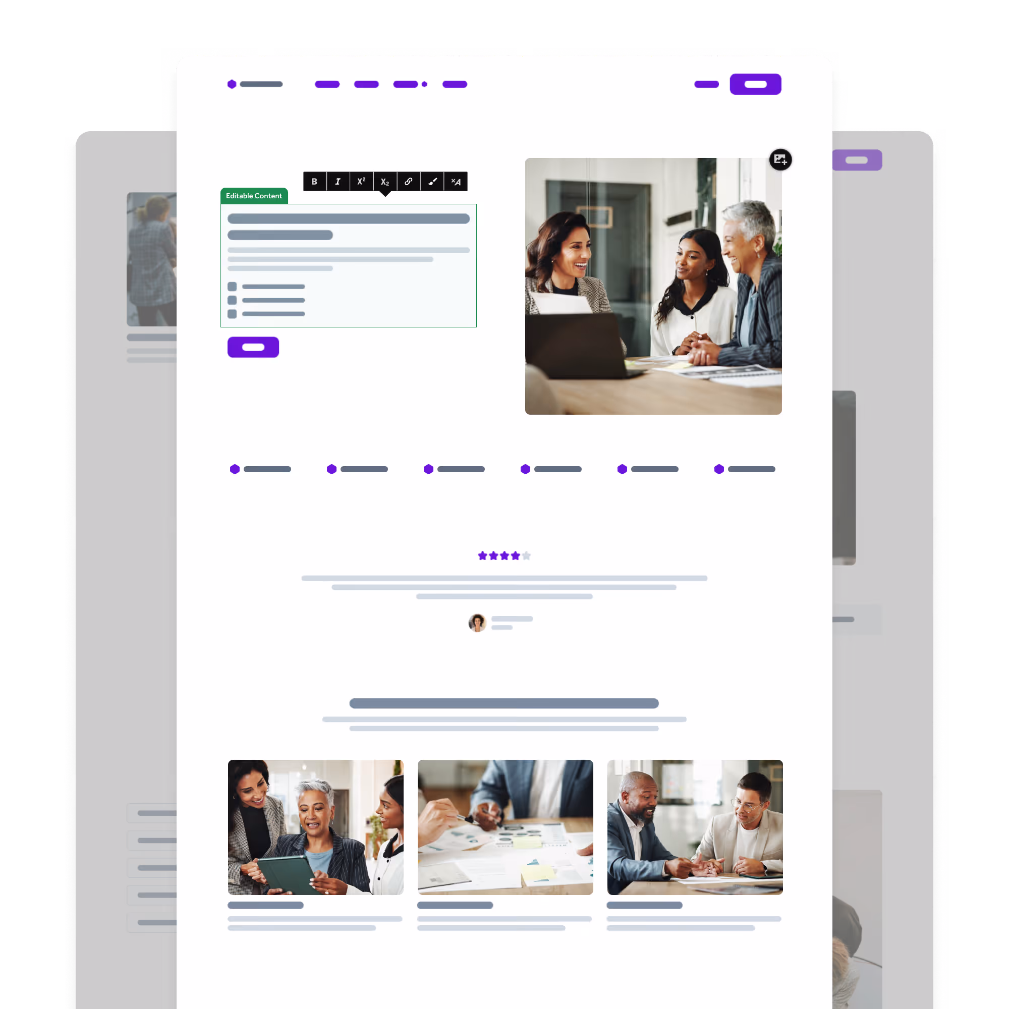 Website interface with editable text content and images of diverse business meetings and collaboration.