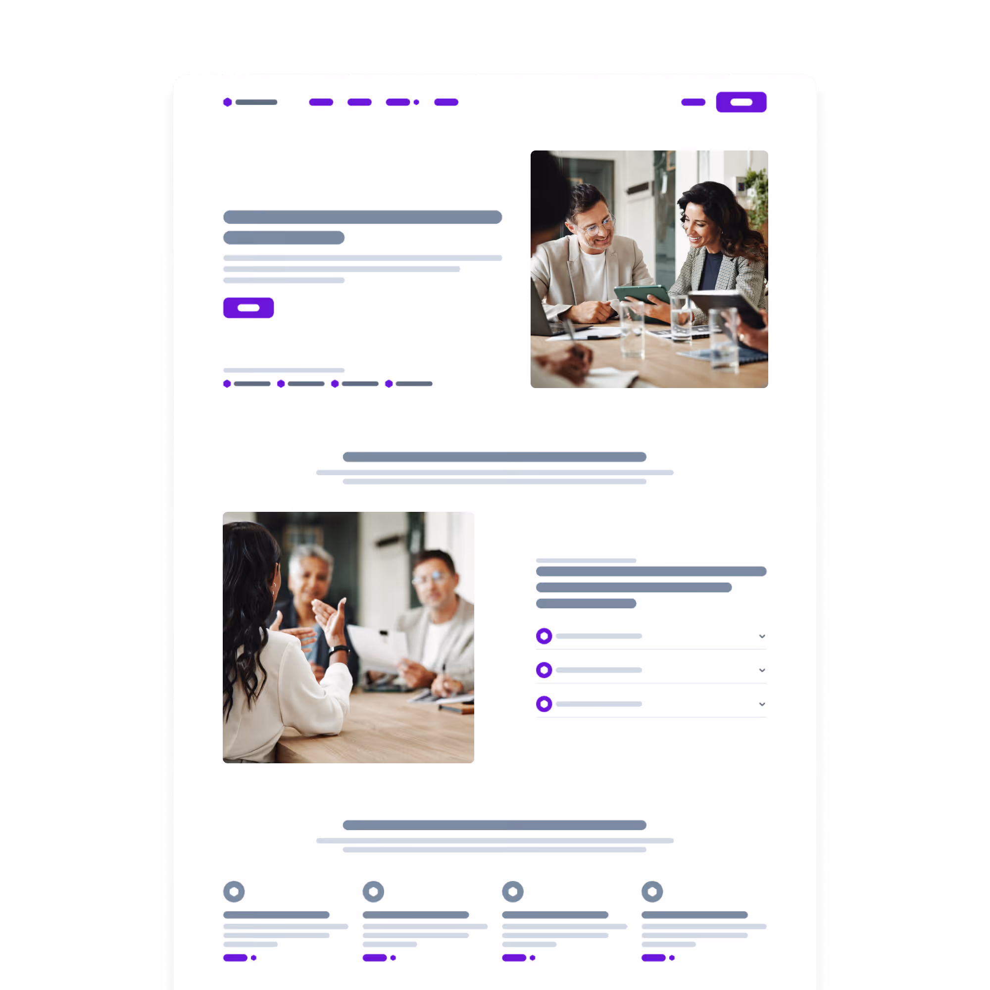 Website page showing business people in meetings and various text and interface elements in purple and gray.