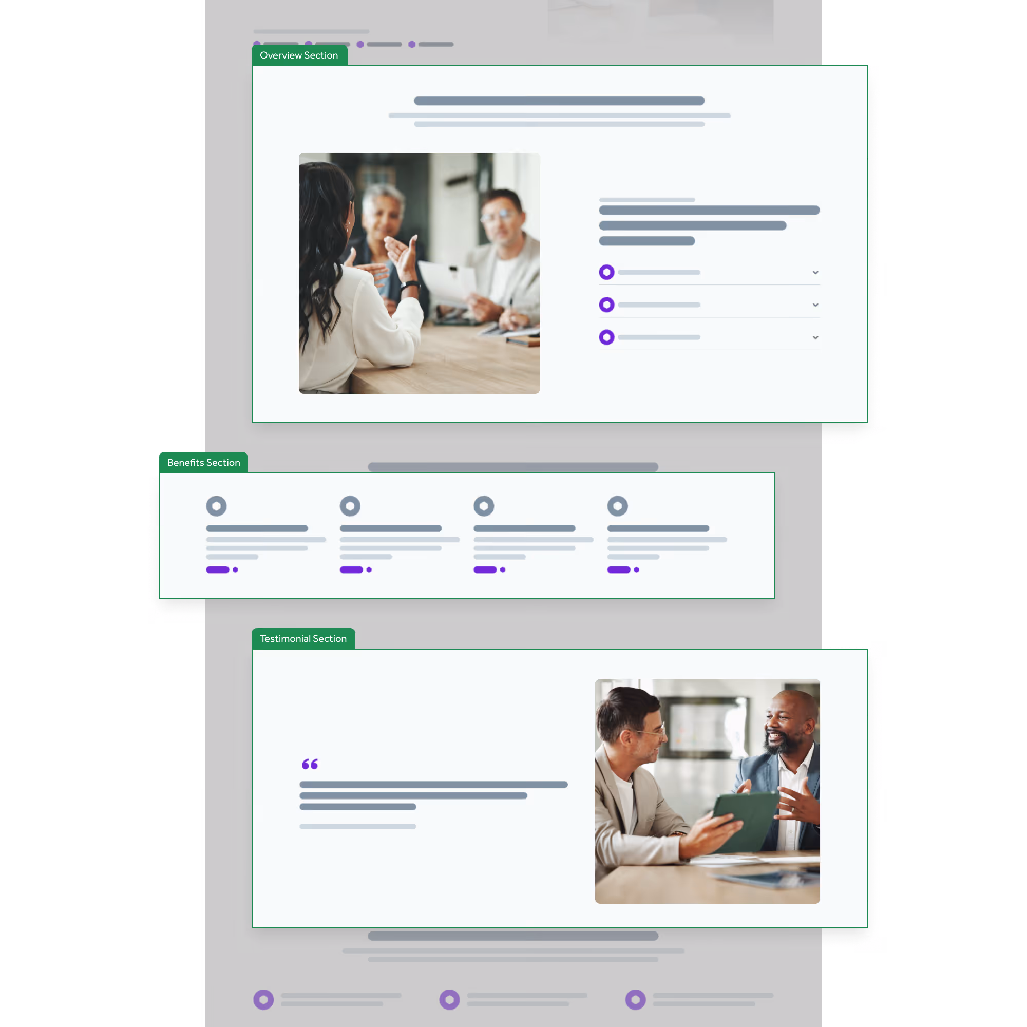 Webpage layout with overview, benefits, and testimonial sections featuring people in professional discussions.