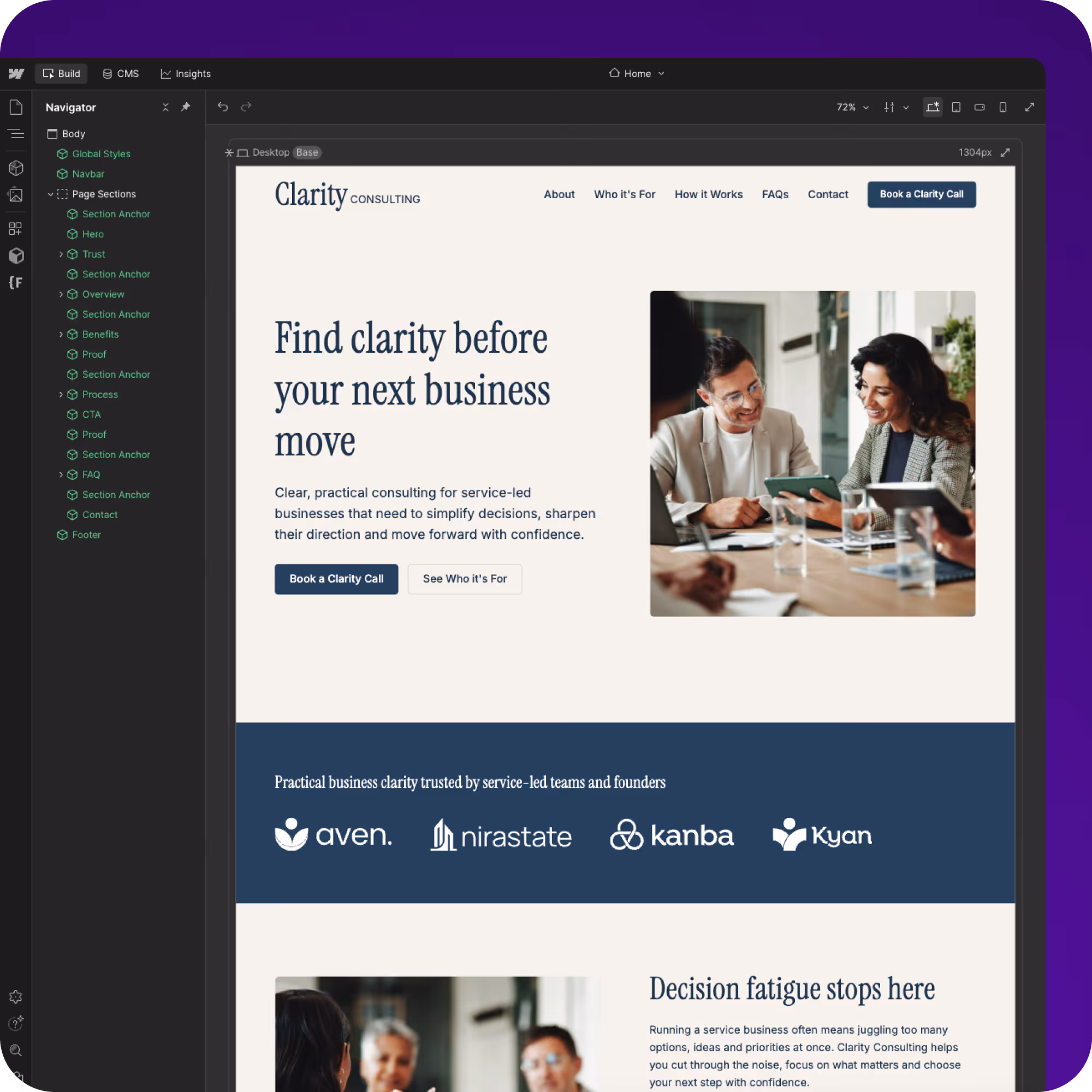 Website homepage for Clarity Consulting showing business consulting text, navigation, and a meeting photo.