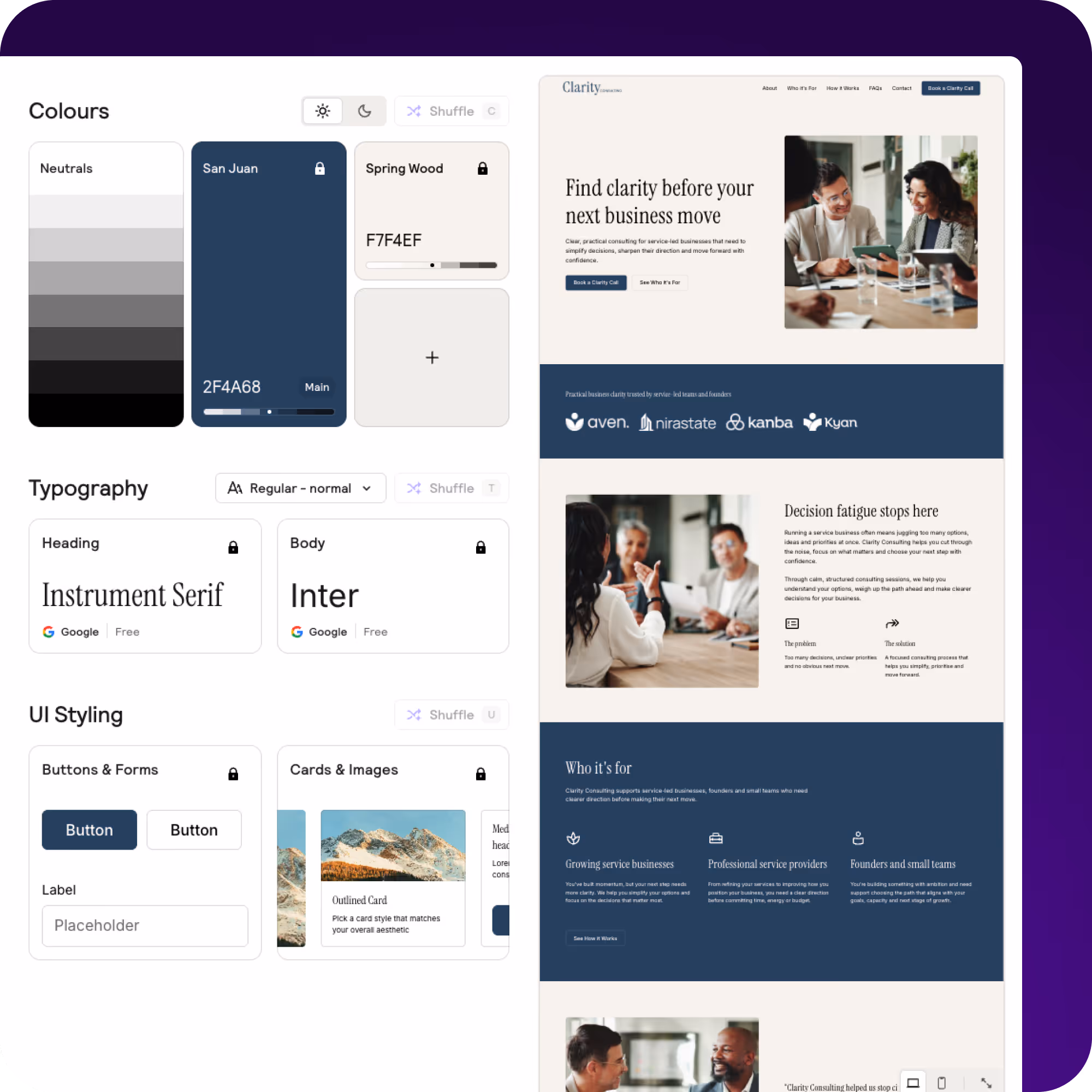 Design system UI with colors, typography, buttons, cards, and a business consulting webpage layout.