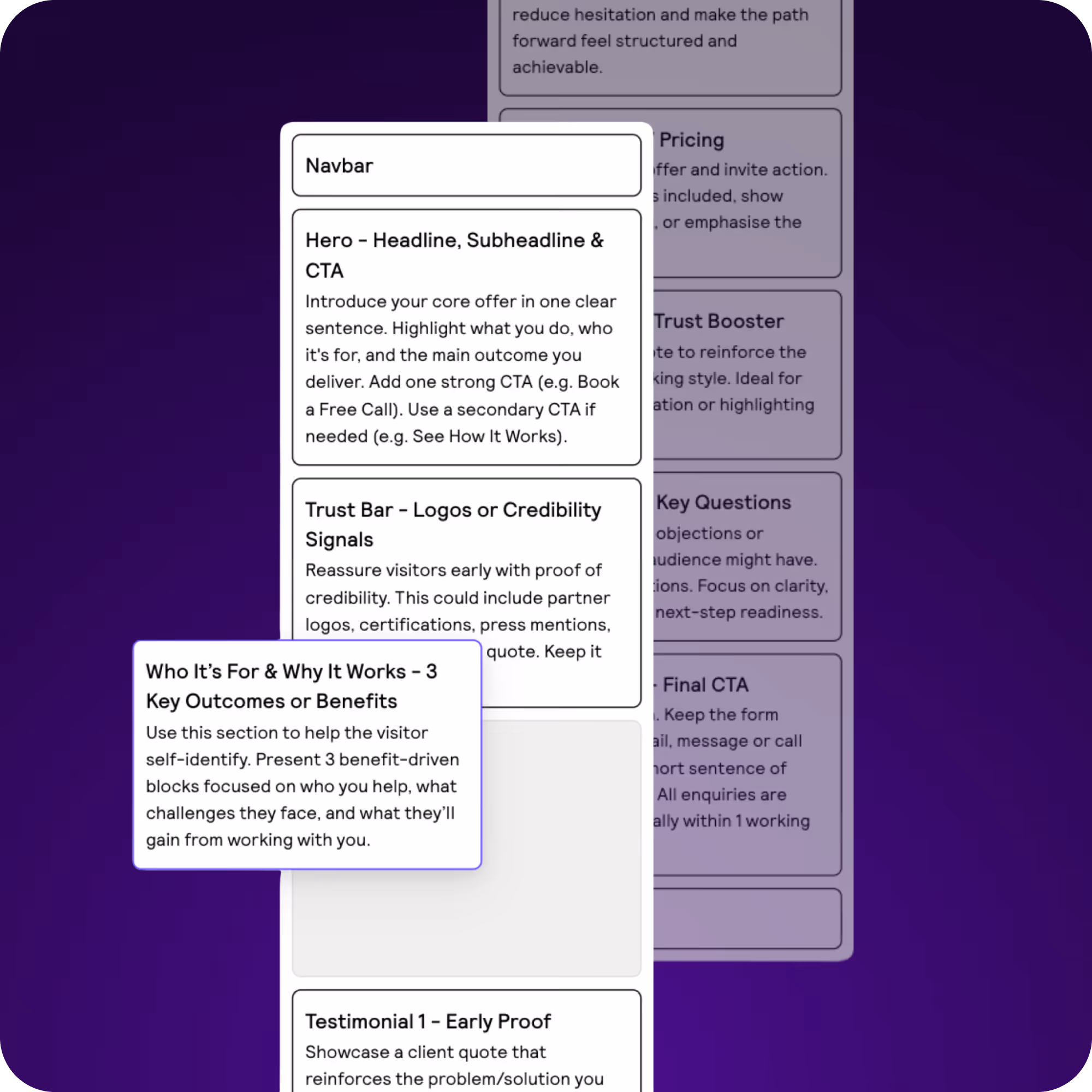 Diagram of sitemap sections: Navbar, Hero with CTA, Trust Bar, Benefits, and Testimonial placeholders on purple.