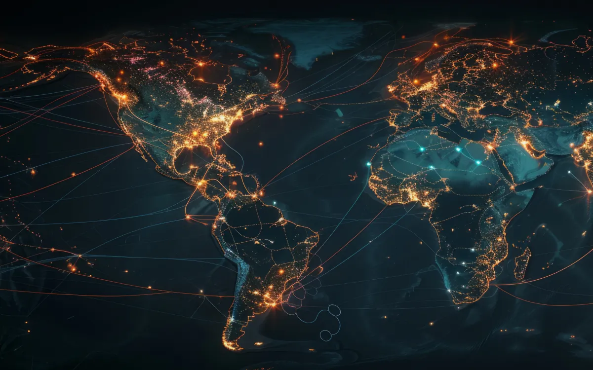Digital map of the Western Hemisphere and part of Africa and Europe, showing illuminated city lights and glowing lines representing global data or communication networks.