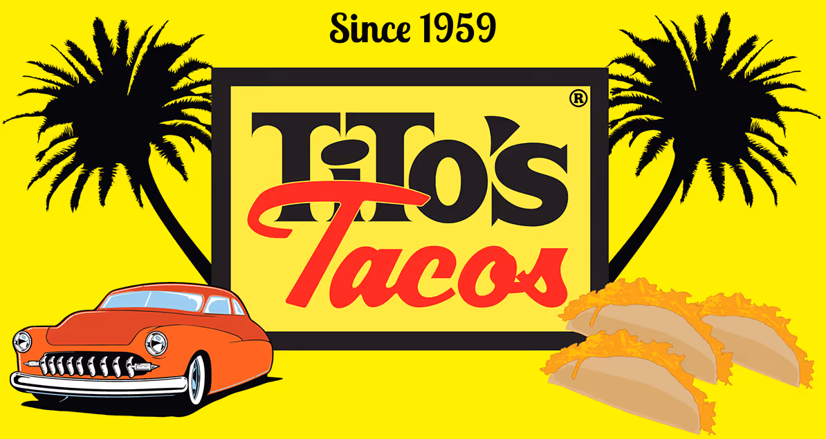 Tito's Tacos logo with text 'Since 1959,' flanked by two palm trees, a vintage orange car on the left, and three tacos on the right on a yellow background.