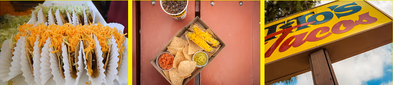 Triptych showing close-up of tacos with shredded cheese, taco tray with chips, salsa, guacamole, and a drink, and a Taco's sign against sky and trees.