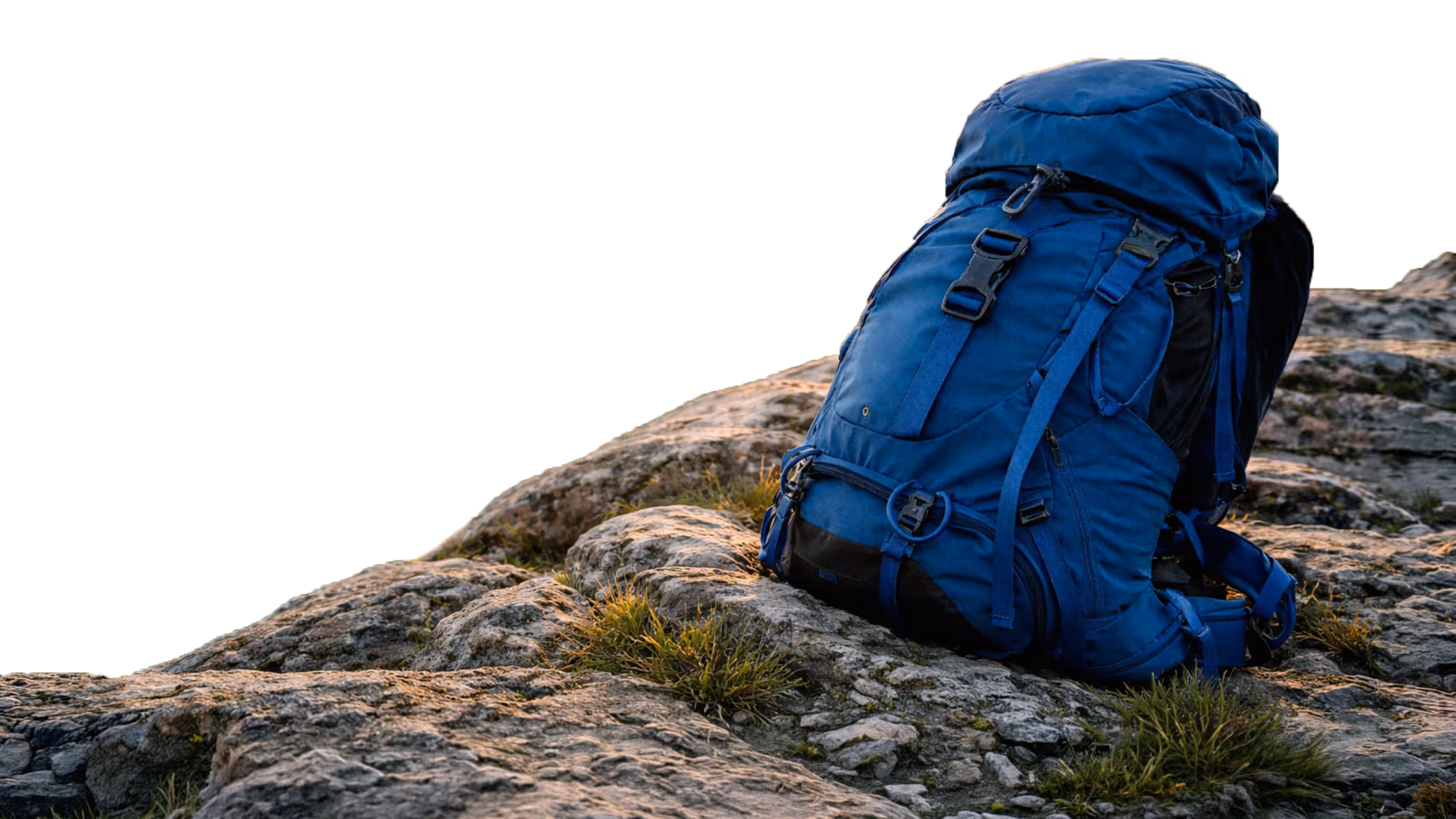 Blue hiking backpack resting on rocky terrain with transparent background.