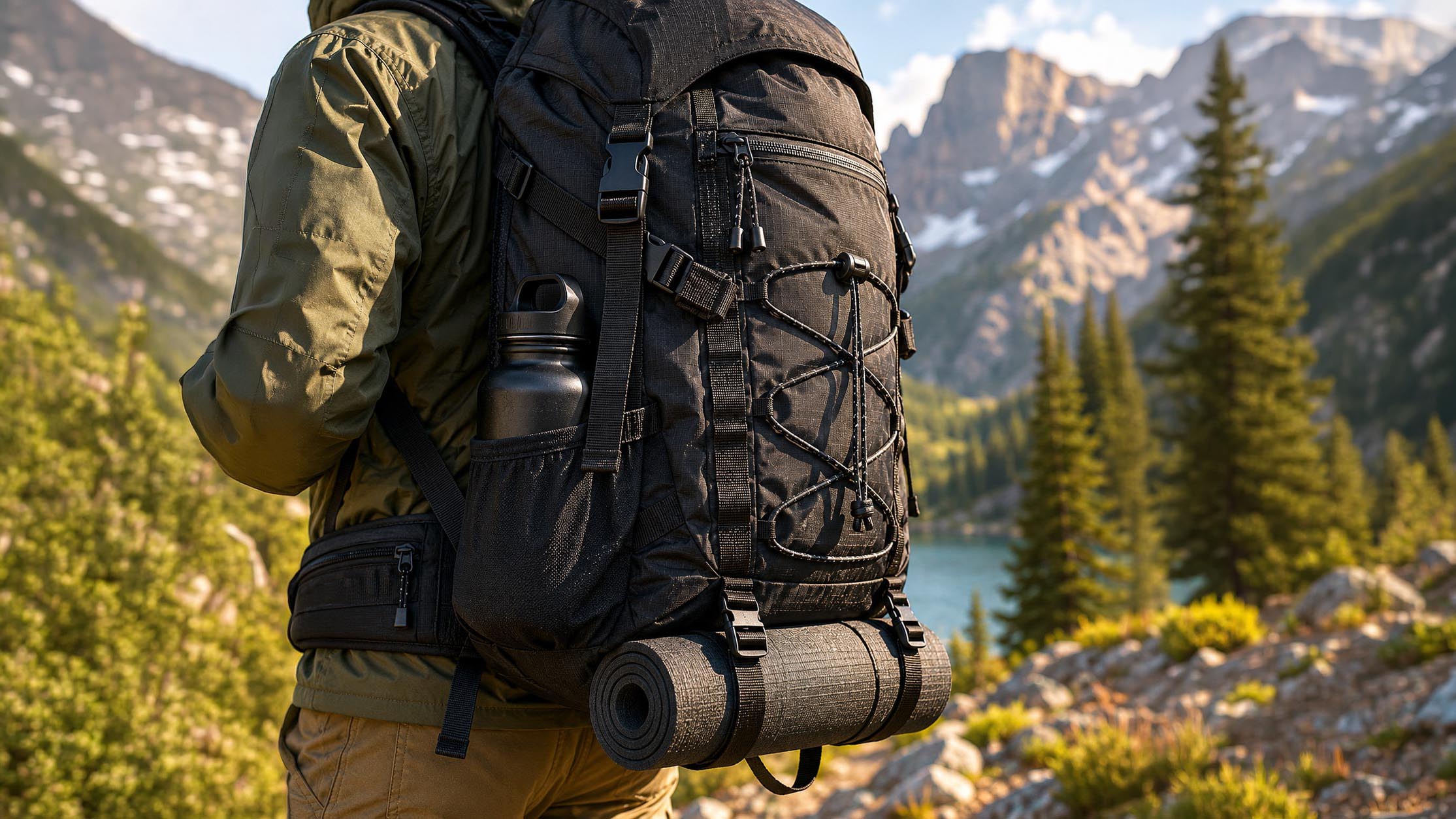 Hiker with large black backpack containing lots of different textile components and a water bottle near lake surrounded by pine trees and mountains.