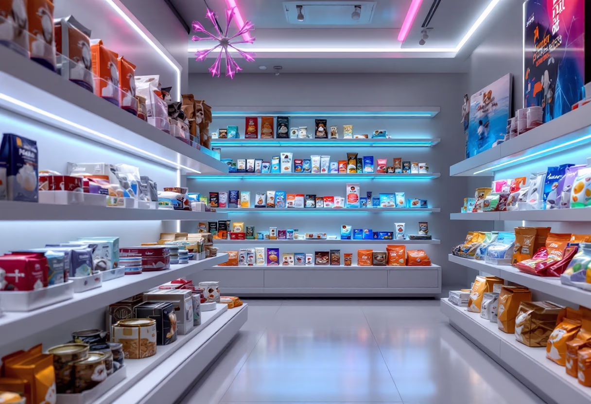 image of various pet food brands on shelves (for a pet store)