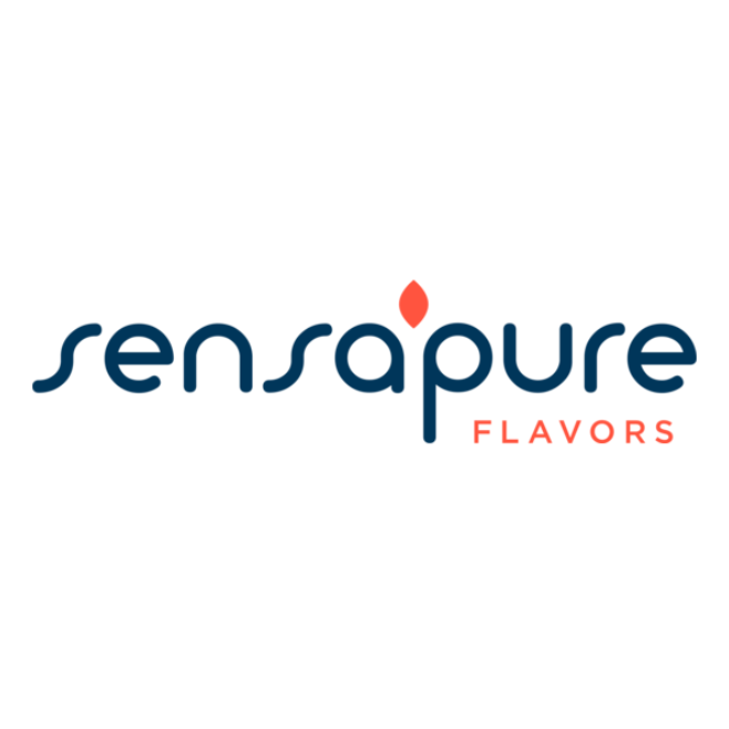 Sensapure Flavors logo with navy blue text and a red flame above the letter p.