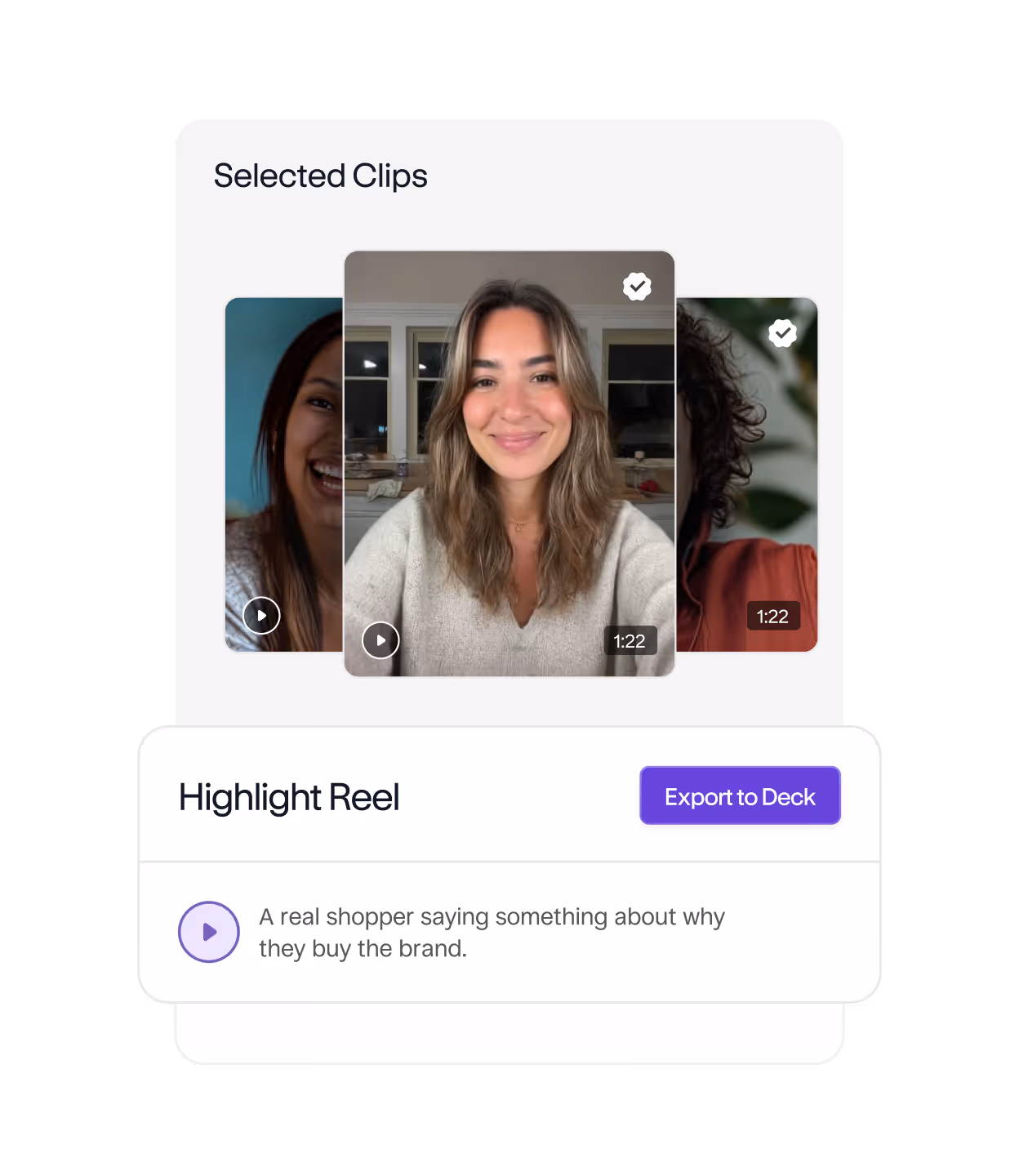 App interface showing selected video clips with a smiling woman and a highlight reel export option.